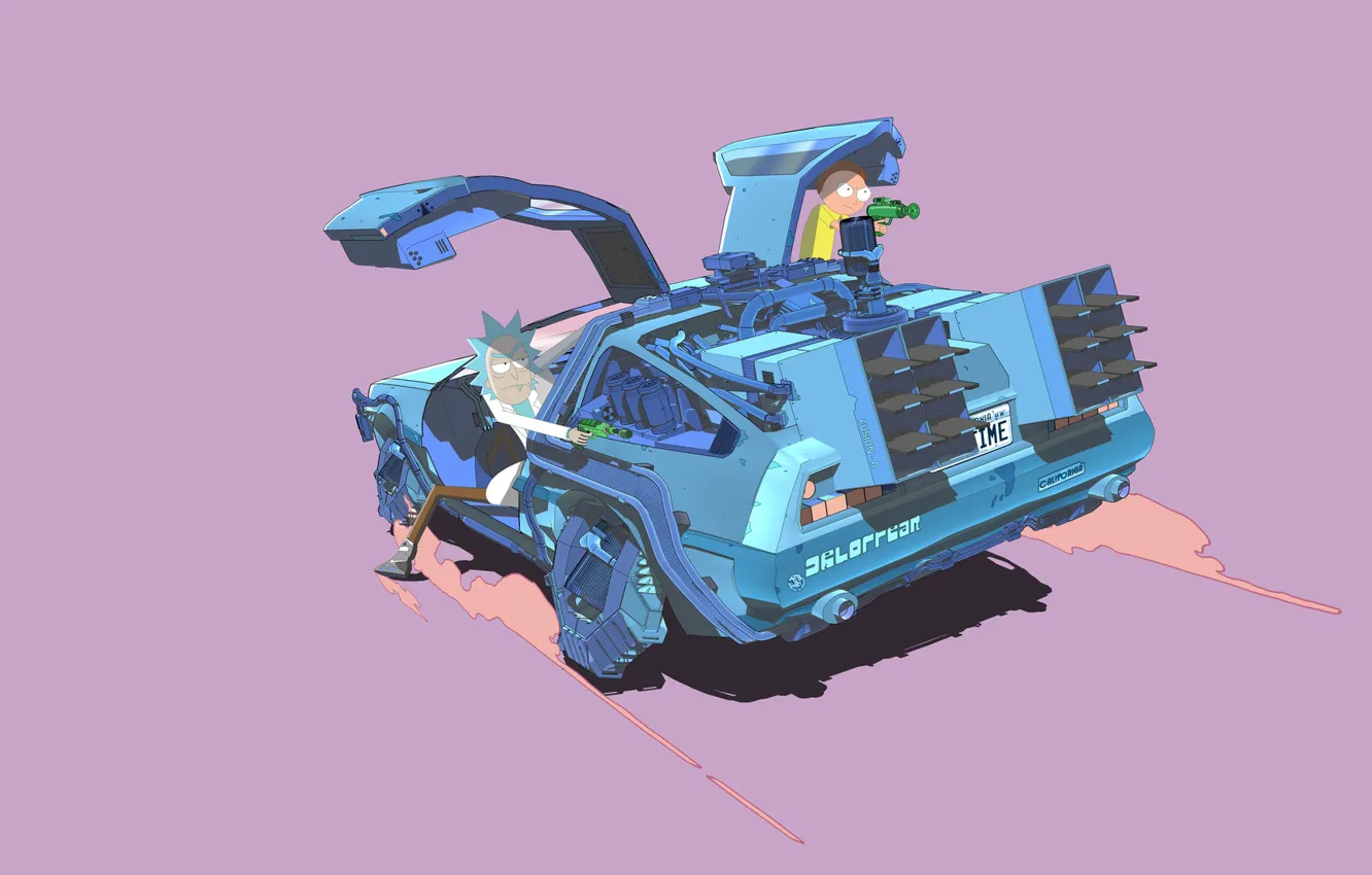 Wallpaper Minimalism, DeLorean DMC-12, DMC-12, Smith, Back to the future,  Sanchez, Rick, Rick and Morty, Rick and Morty, Morty, Rick Sanchez, Morty  Smith, by Liam Keating, Liam Keating, OUTATIME images for desktop,