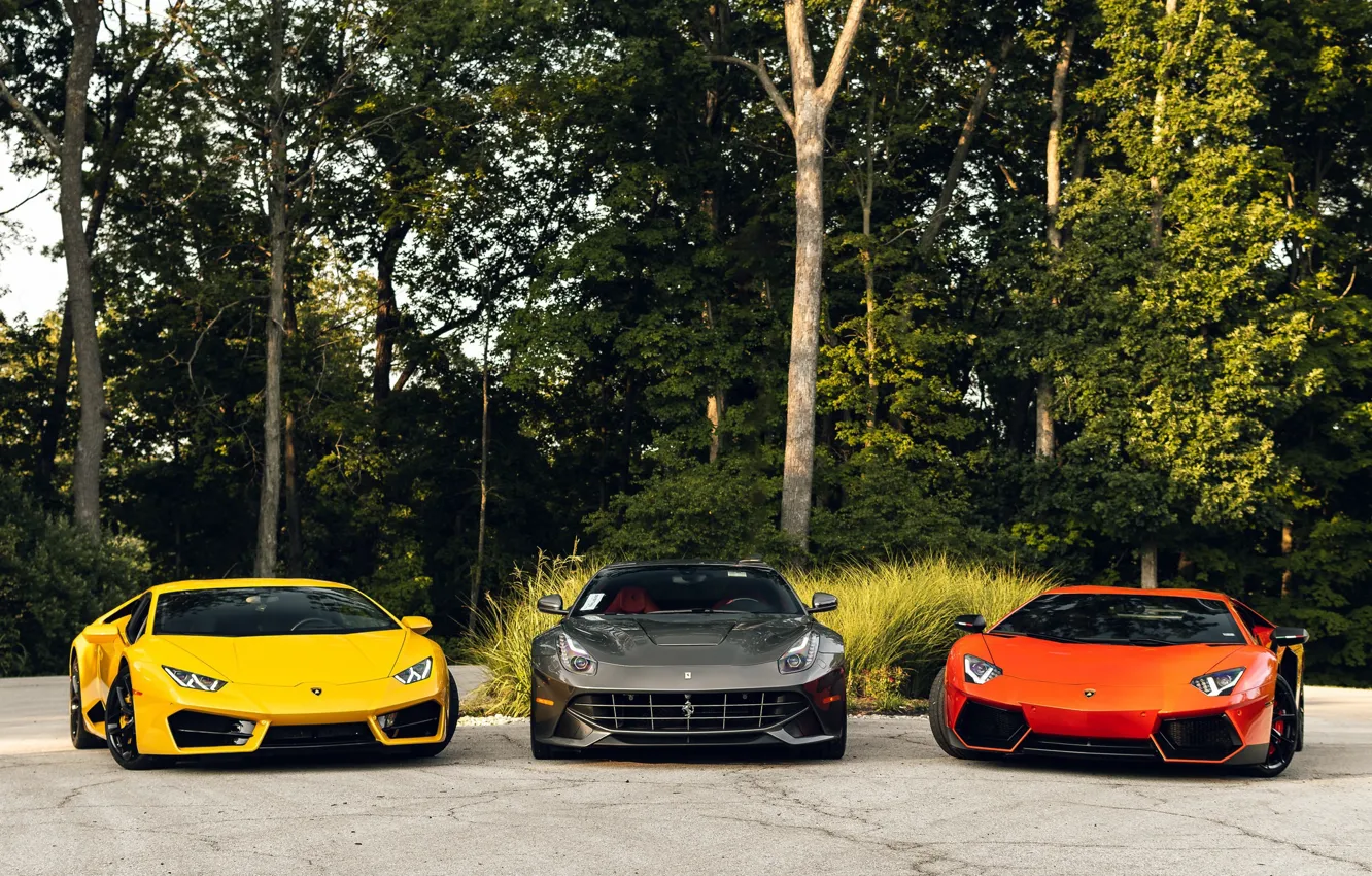 Photo wallpaper Lamborghini, Ferrari, Orange, Yellow, Aventador, Gray, Berlinetta, F12, VAG, Huracan