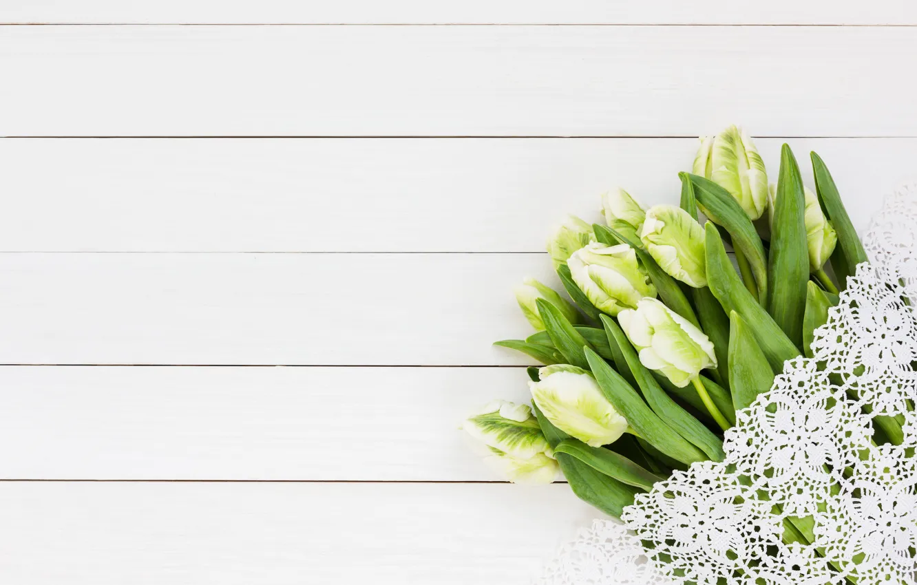 Photo wallpaper flowers, bouquet, tulips, white, white, lace, wood, flowers, beautiful, romantic, tulips, spring