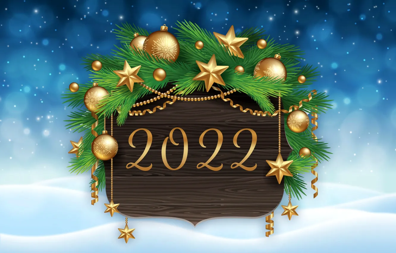 Photo wallpaper snow, gold, figures, New year, golden, new year, happy, balls, wood, winter, snow, luxury, decoration, …