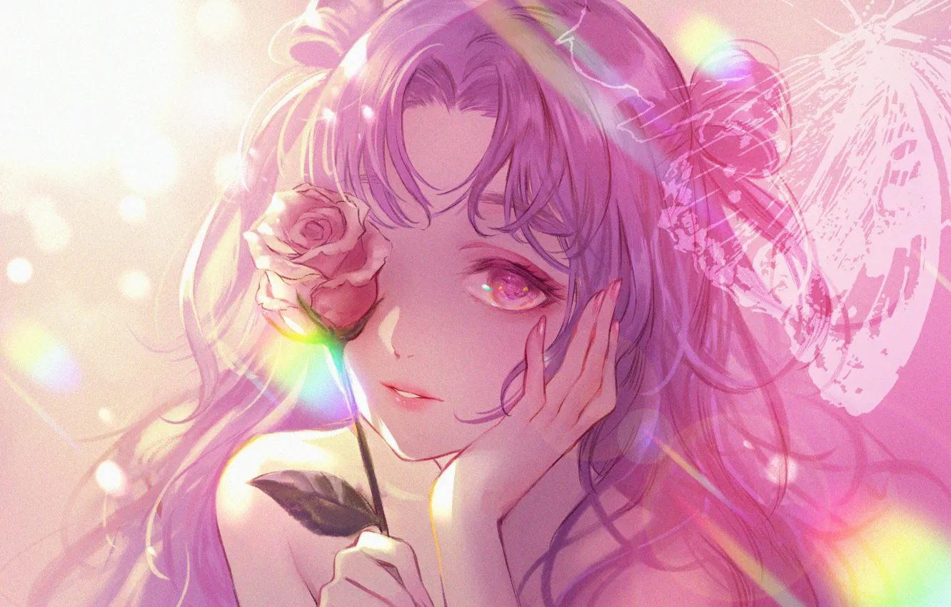 Photo wallpaper face, butterfly, bangs, sunlight, pink hair, pink rose, portrait of a girl, lilac hair, flower …