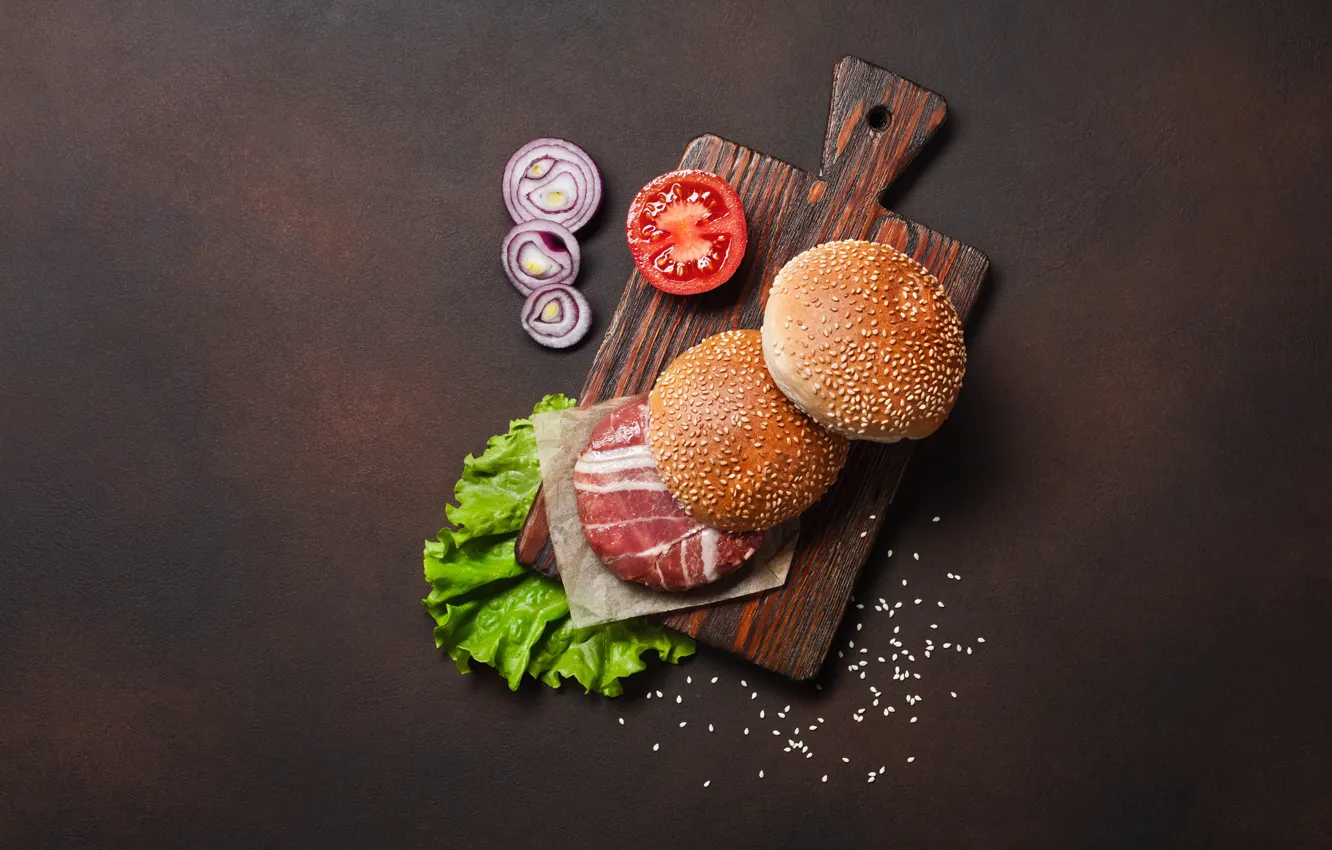 Photo wallpaper bow, meat, hamburger, buns, cutting Board