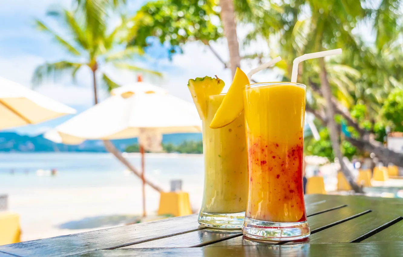 Photo wallpaper sea, beach, summer, the sun, palm trees, cocktail, summer, mango, pineapple, beach, sea, fruit, drink, …