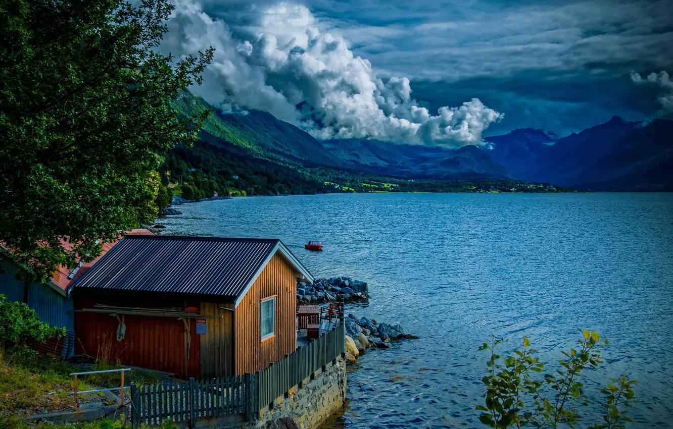 Wallpaper clouds, mountains, lake, house, Norway images for desktop,  section пейзажи - download