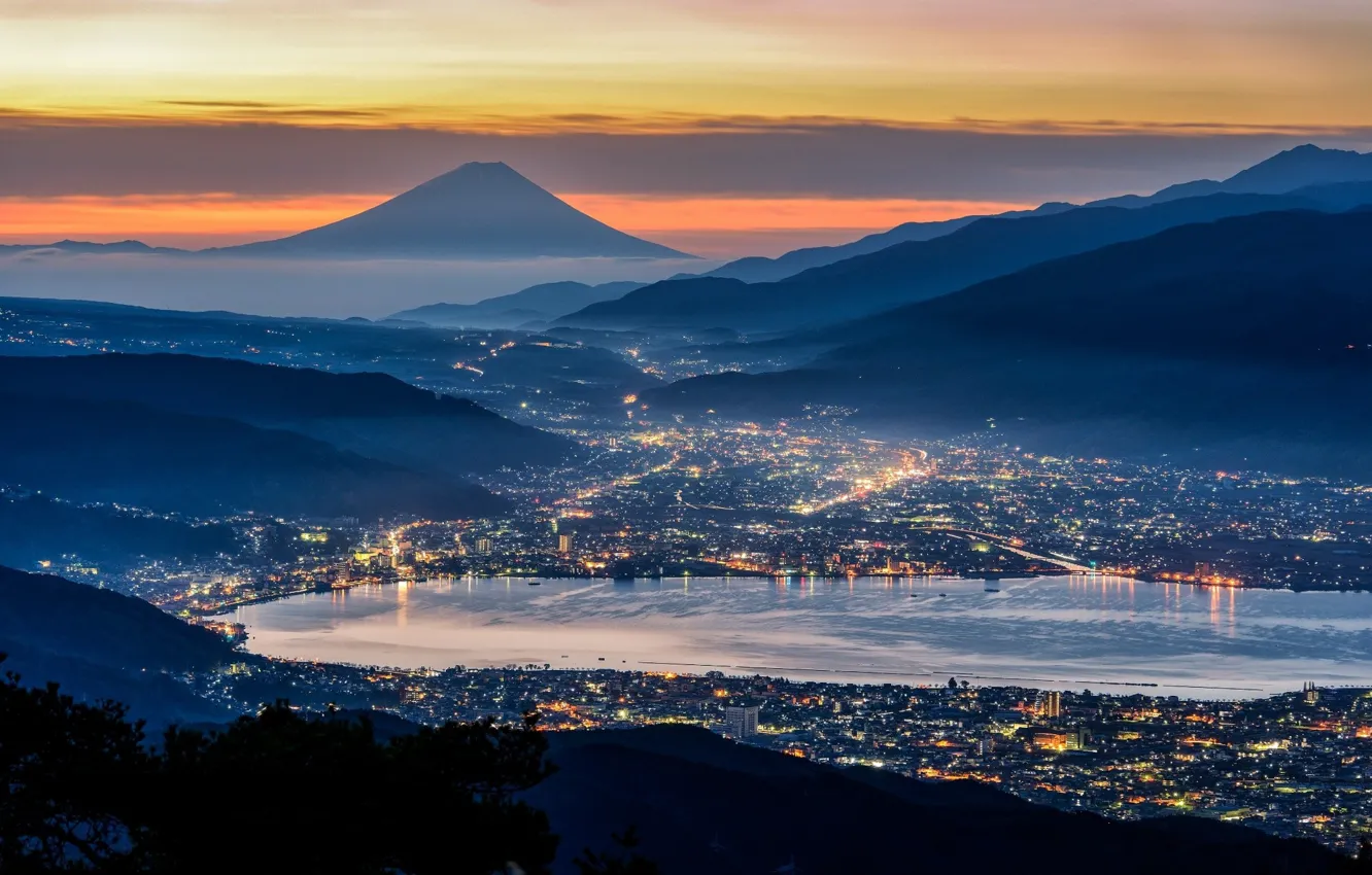 Photo wallpaper city, lights, Japan, twilight, Mount Fuji, sky, sea, landscape, nature, sunset, blue, mountains, city lights, …