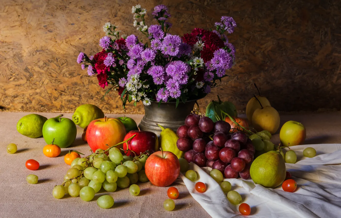 Photo wallpaper flowers, apples, bouquet, grapes, fruit, still life, pear, flowers, autumn, fruit, grapes, still life