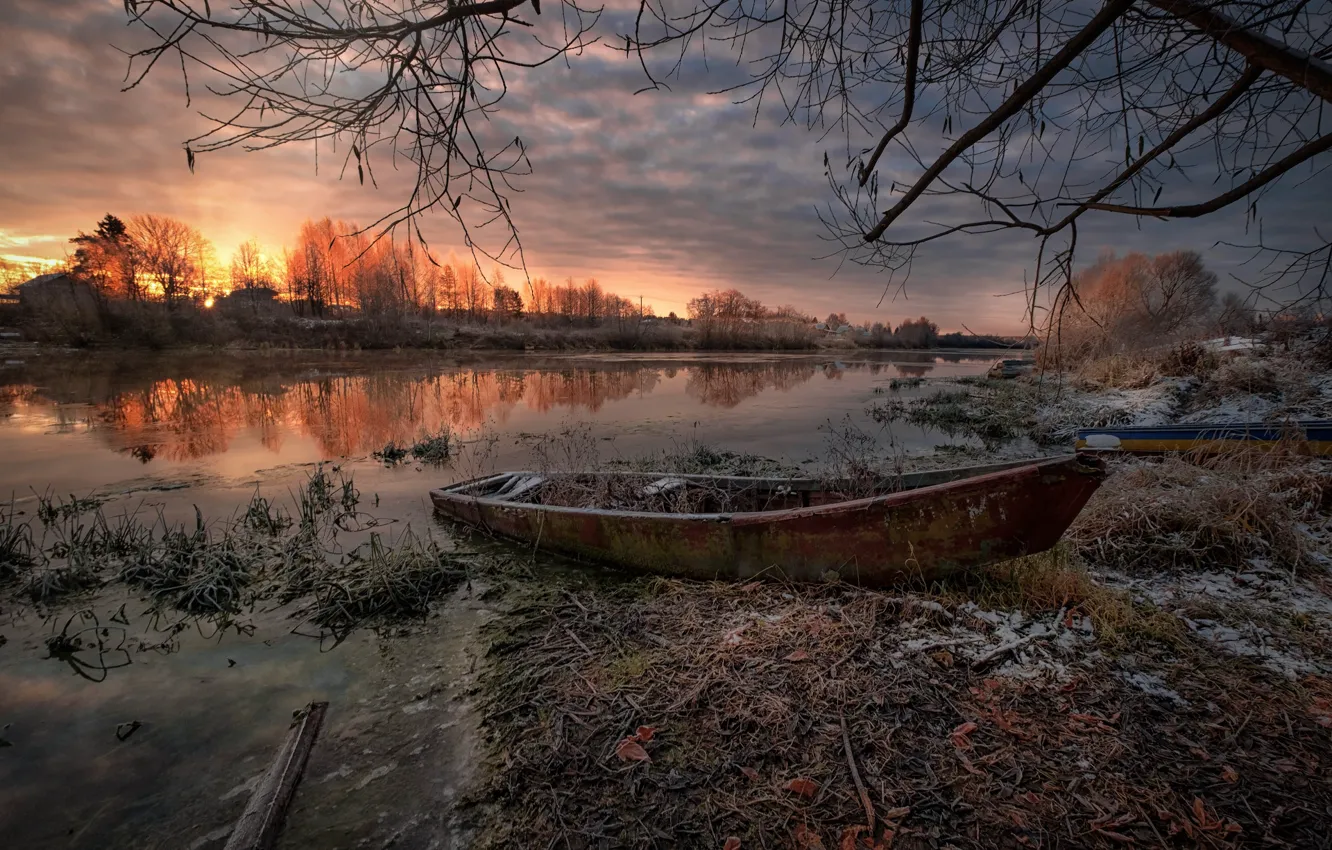 Photo wallpaper frost, autumn, grass, landscape, branches, nature, river, dawn, boat, morning, Bank, ashes, Dubna, Andrei