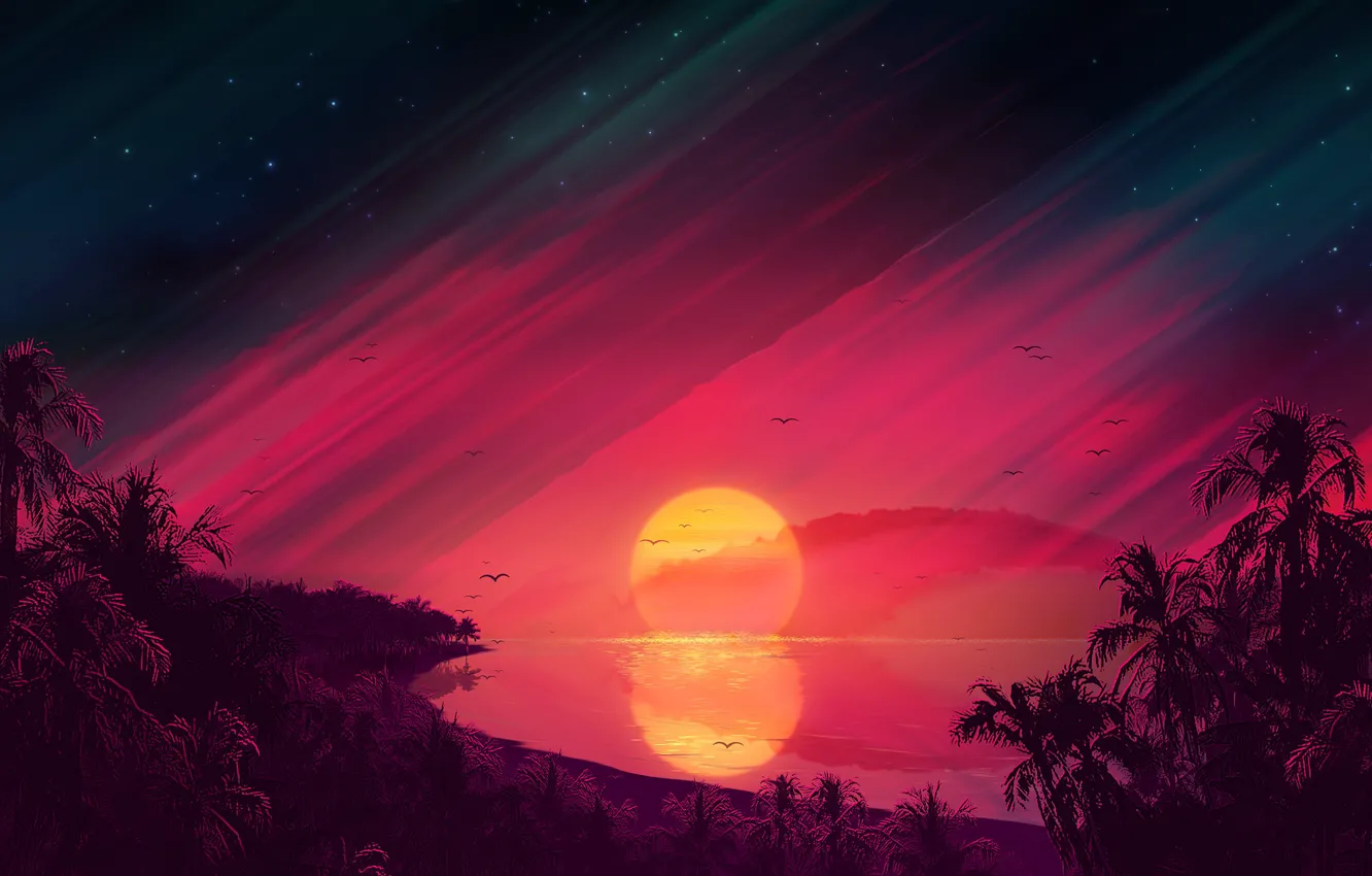 Photo wallpaper Sunset, The sun, The sky, The ocean, Sea, Beach, The evening, Stars, Summer, Birds, Shore, …