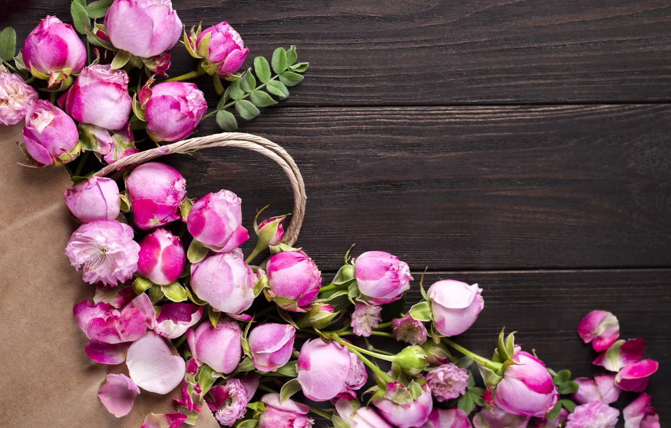 Photo wallpaper flowers, roses, bouquet, pink, buds, wood, pink, flowers, beautiful, roses