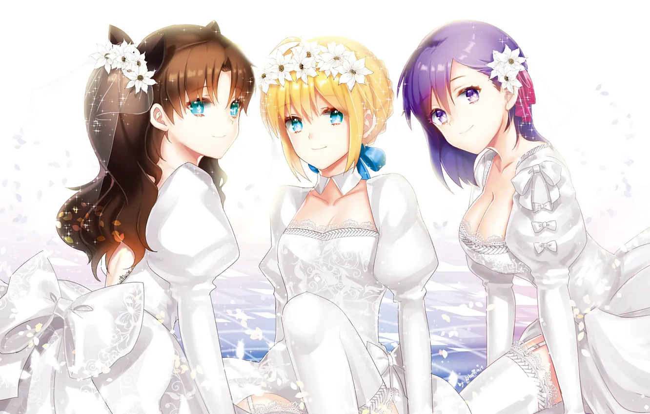 Photo wallpaper girls, bride, Tohsaka Rin, the saber, Artoria Pendragon, Fate stay night, Fate / Stay Night, …
