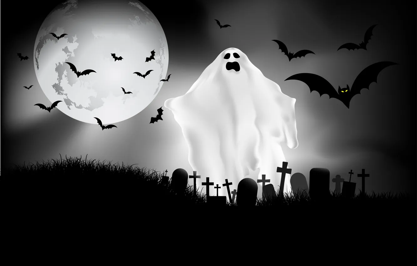 Photo wallpaper The sky, Night, The moon, Ghost, The full moon, Spirit, Graves, Bats, Terrible