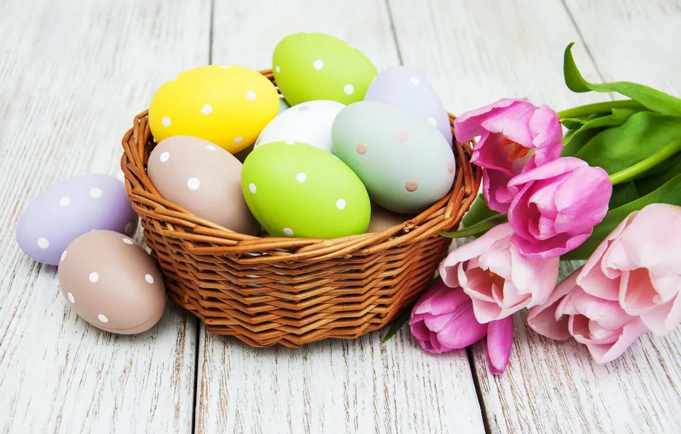Photo wallpaper flowers, eggs, spring, colorful, Easter, tulips, happy, wood, pink, flowers, tulips, spring, Easter, eggs, decoration
