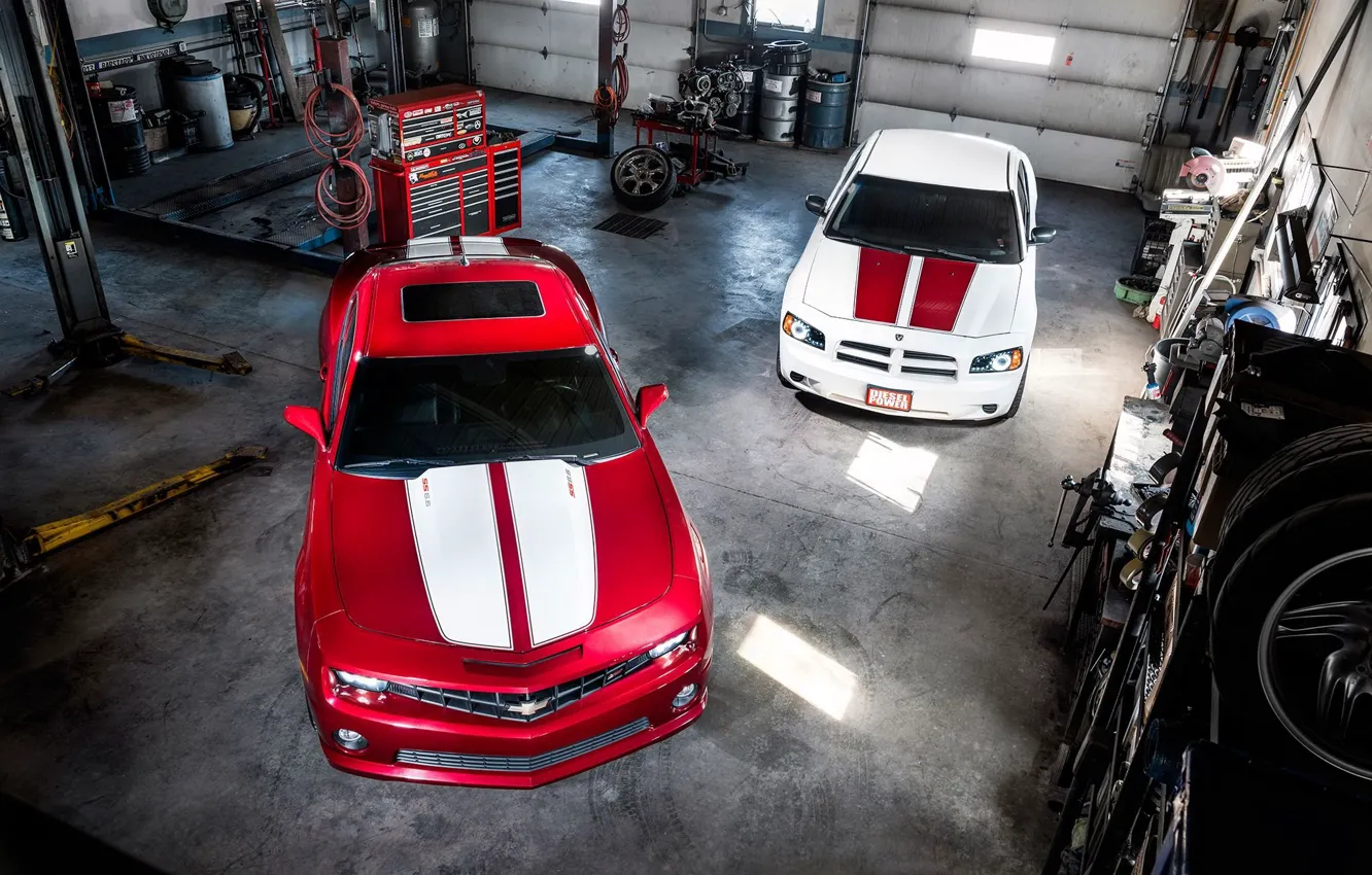 Photo wallpaper Muscle, Cars, Dodge Charger, Chevrolet Camaro, Tuning, Garage