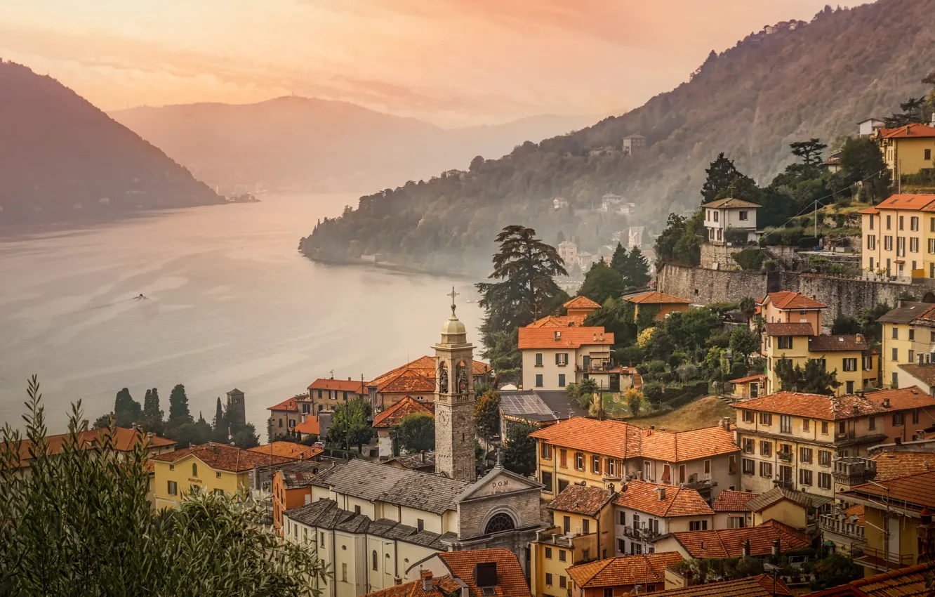 Photo wallpaper mountains, lake, building, home, Italy, Italy, Lombardy, Lombardy, Como Lake, Lake Como, Мольтразио, Moltrasio