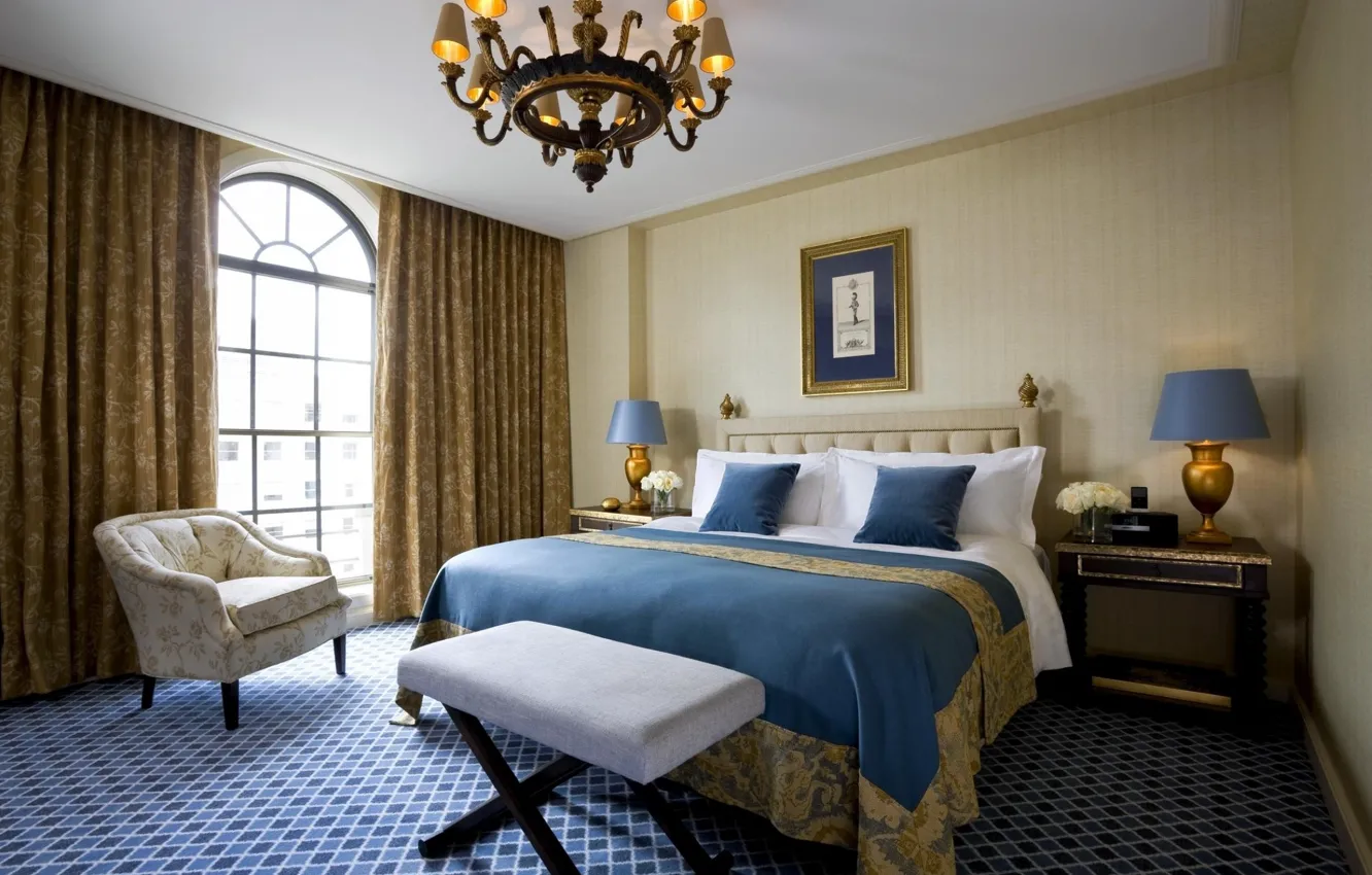 Photo wallpaper design, bed, interior, picture, pillow, window, chandelier, bedroom