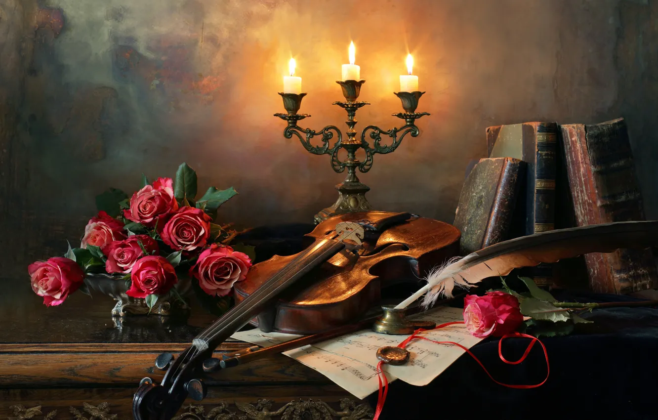 Photo wallpaper flowers, style, notes, pen, violin, books, roses, candles, still life, candle holder, Andrey Morozov