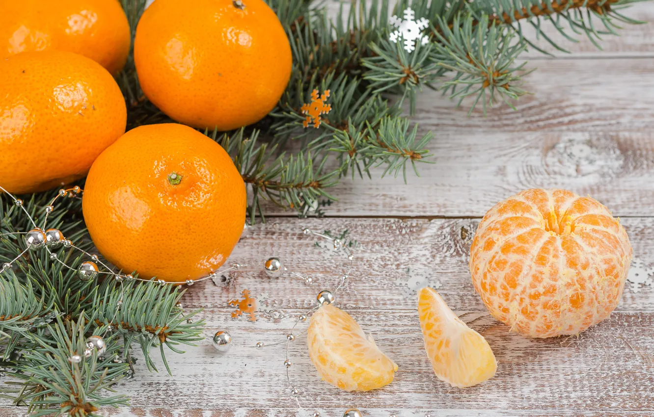 Photo wallpaper snow, decoration, New Year, Christmas, Christmas, wood, winter, snow, fruit, New Year, tangerines, decoration, tangerine, …