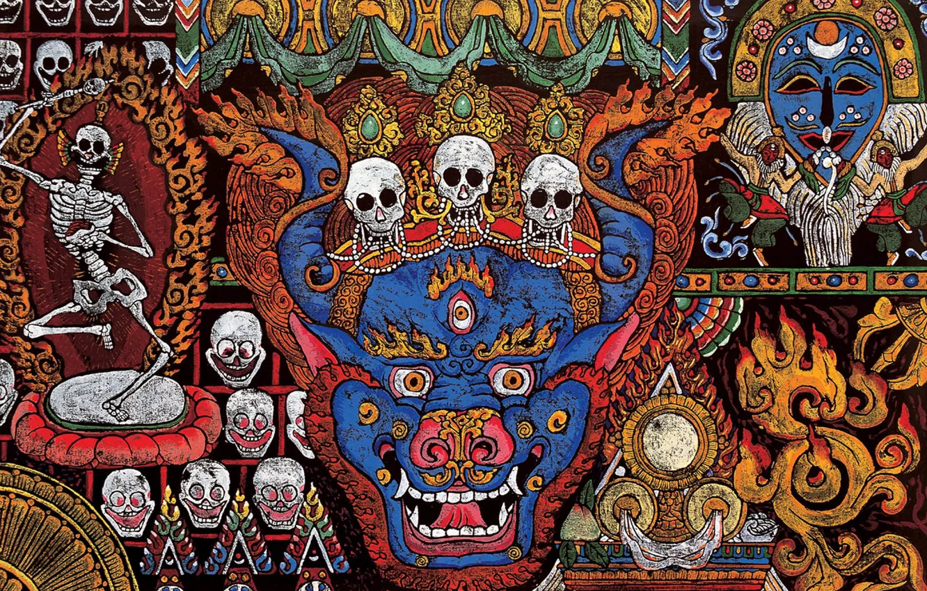 Photo wallpaper fire, mystic, the demon, skull, painting, the occult, тибетская книга мертвых, танцующие скелеты