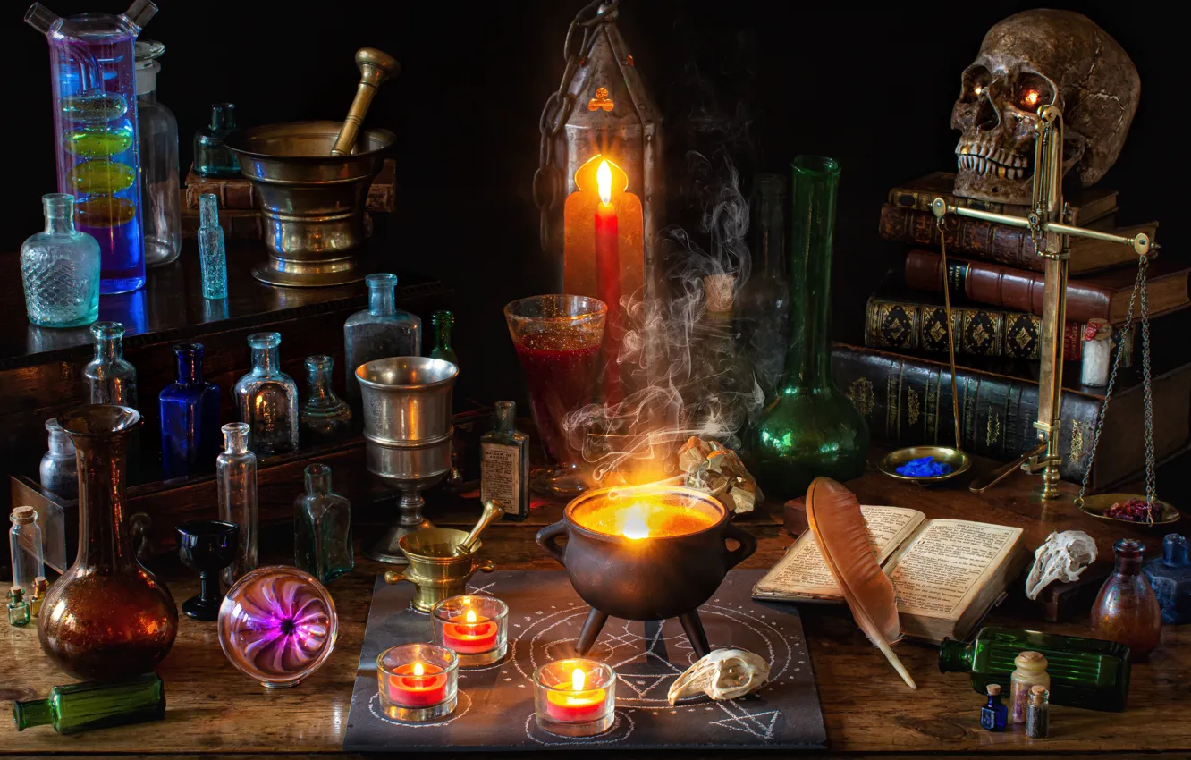 Photo wallpaper bubbles, pen, magic, books, skull, candles, Halloween, bowler, bulb, witchcraft, Libra, mortar