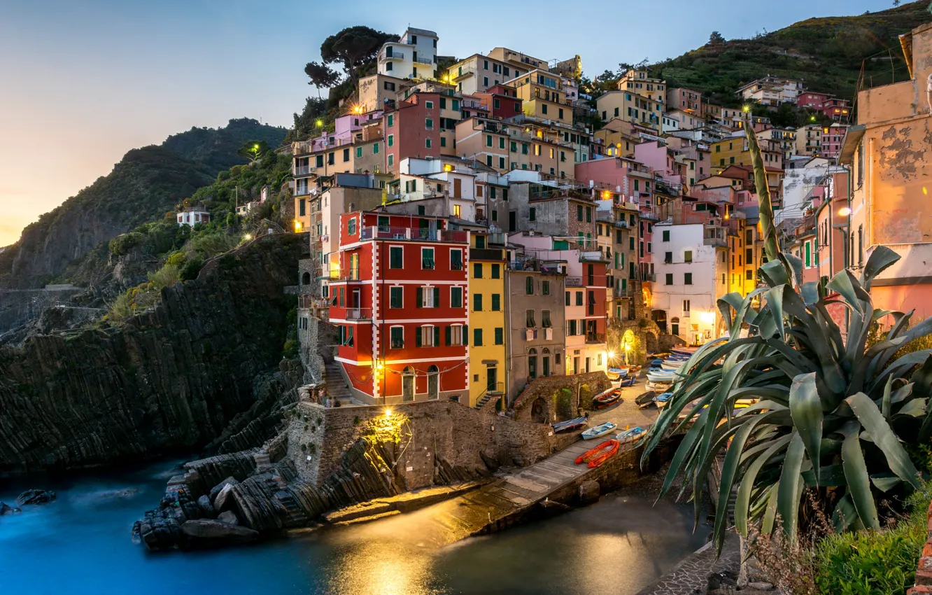 Photo wallpaper sea, the city, rocks, home, boats, the evening, pier, lighting, Italy, Italy, Riomaggiore, Riomaggiore, Cinque …
