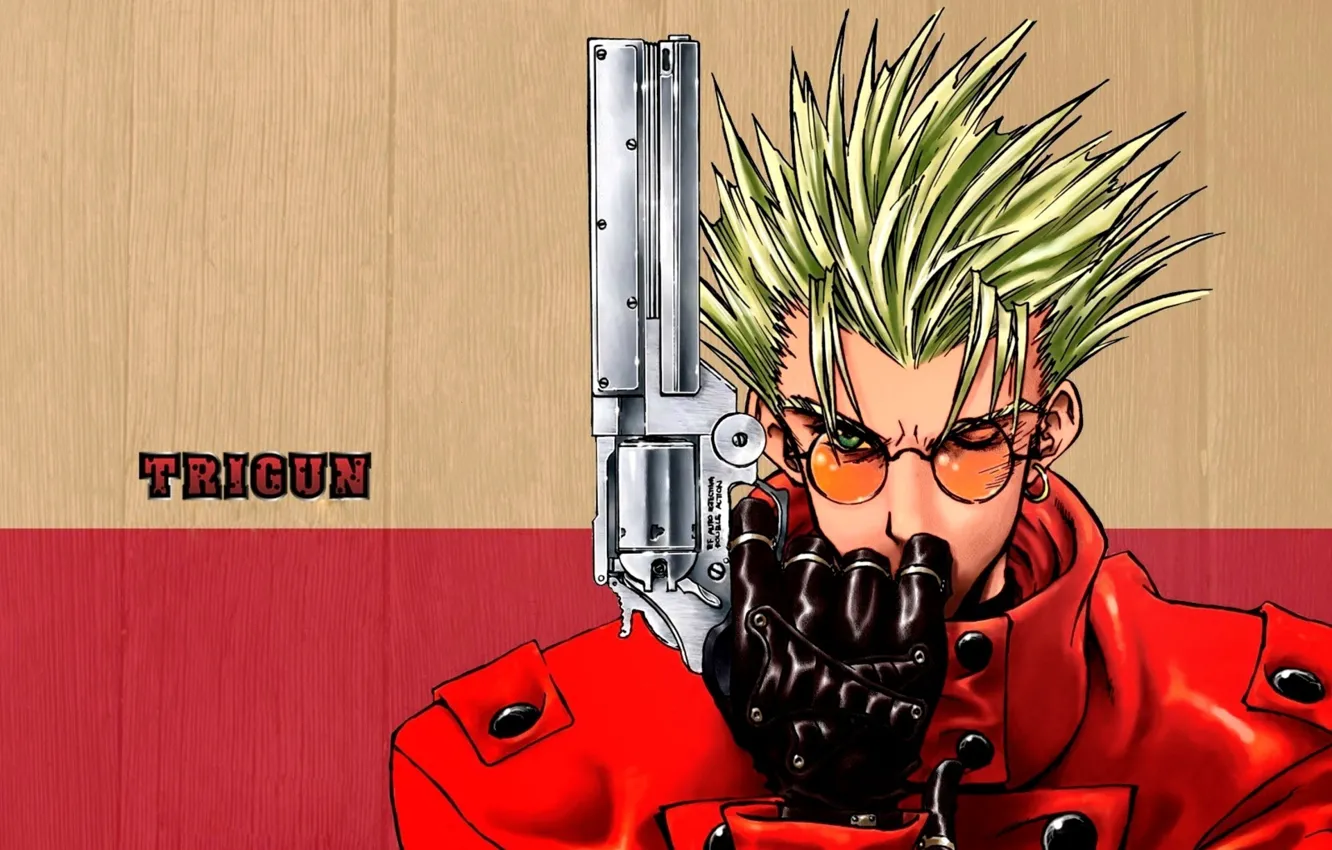 Photo wallpaper Red, Art, Anime, Wood, Colt, Weapon, Trigun, Man, Glasses, Pose, Gloves, Letters, Leather, Character, Vash …