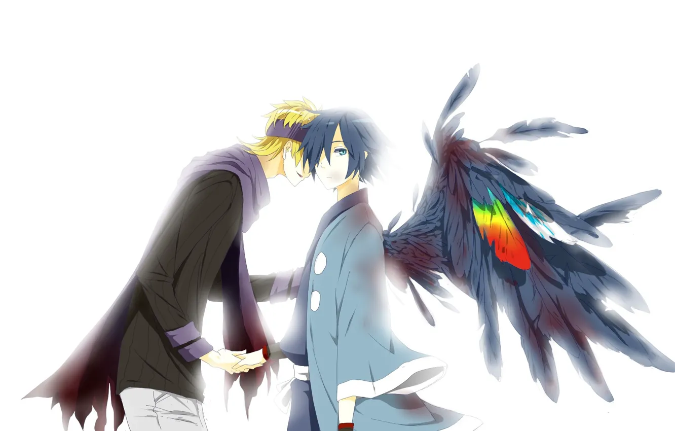 Photo wallpaper feathers, scarf, white background, Pokemon, bangs, two guys, holding hands, black wings, bandage on forehead