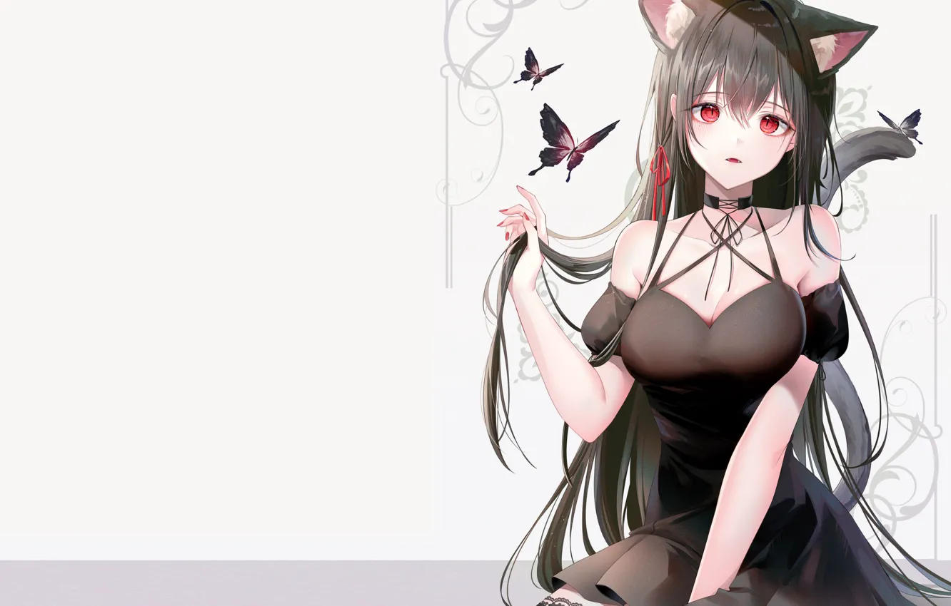 Photo wallpaper girl, sexy, cleavage, long hair, dress, boobs, animal ears, anime, tail, beautiful, pretty, brunette, breasts, …