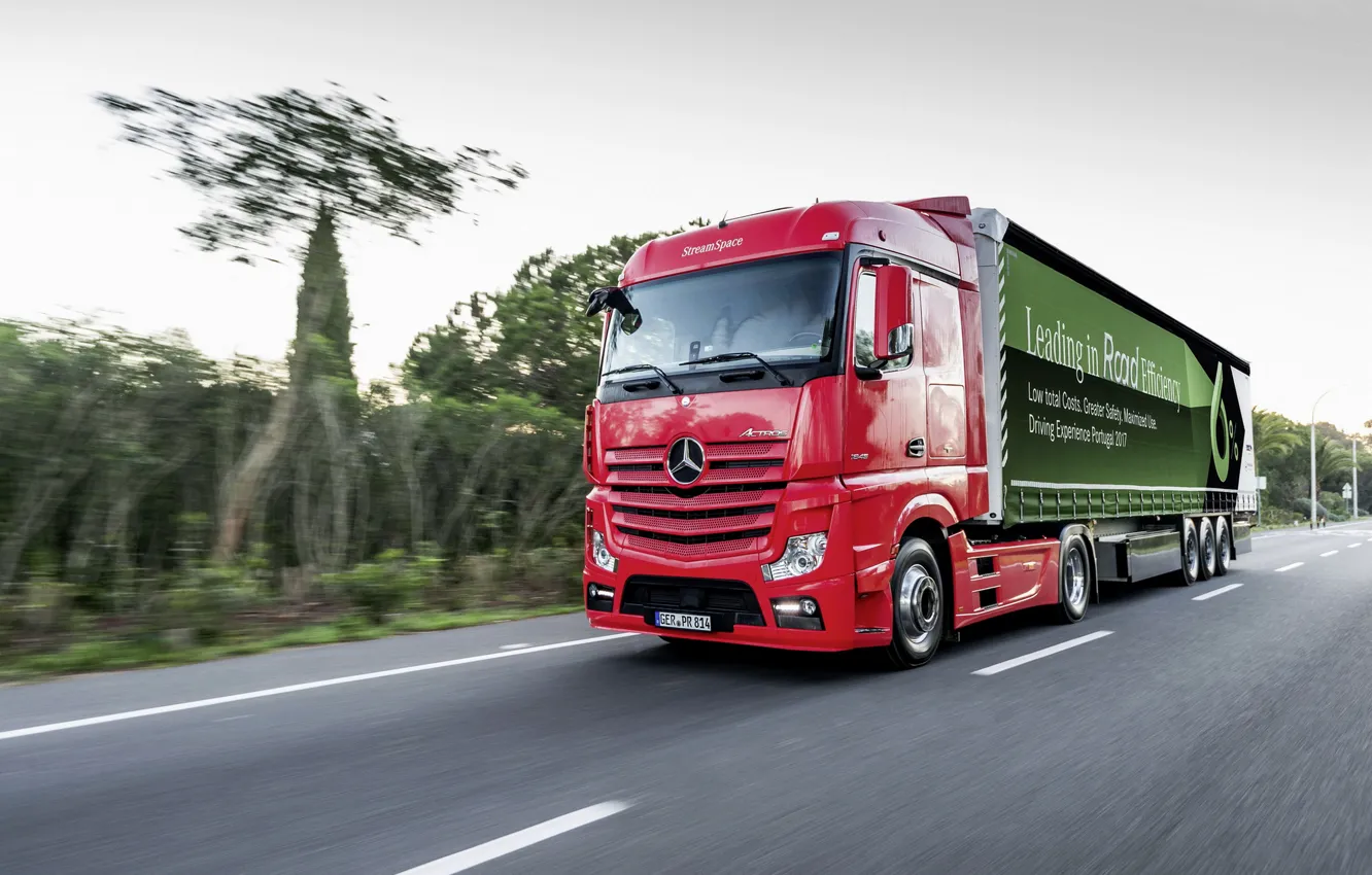 Photo wallpaper road, red, markup, vegetation, Mercedes-Benz, tractor, 4x2, Actros, the trailer