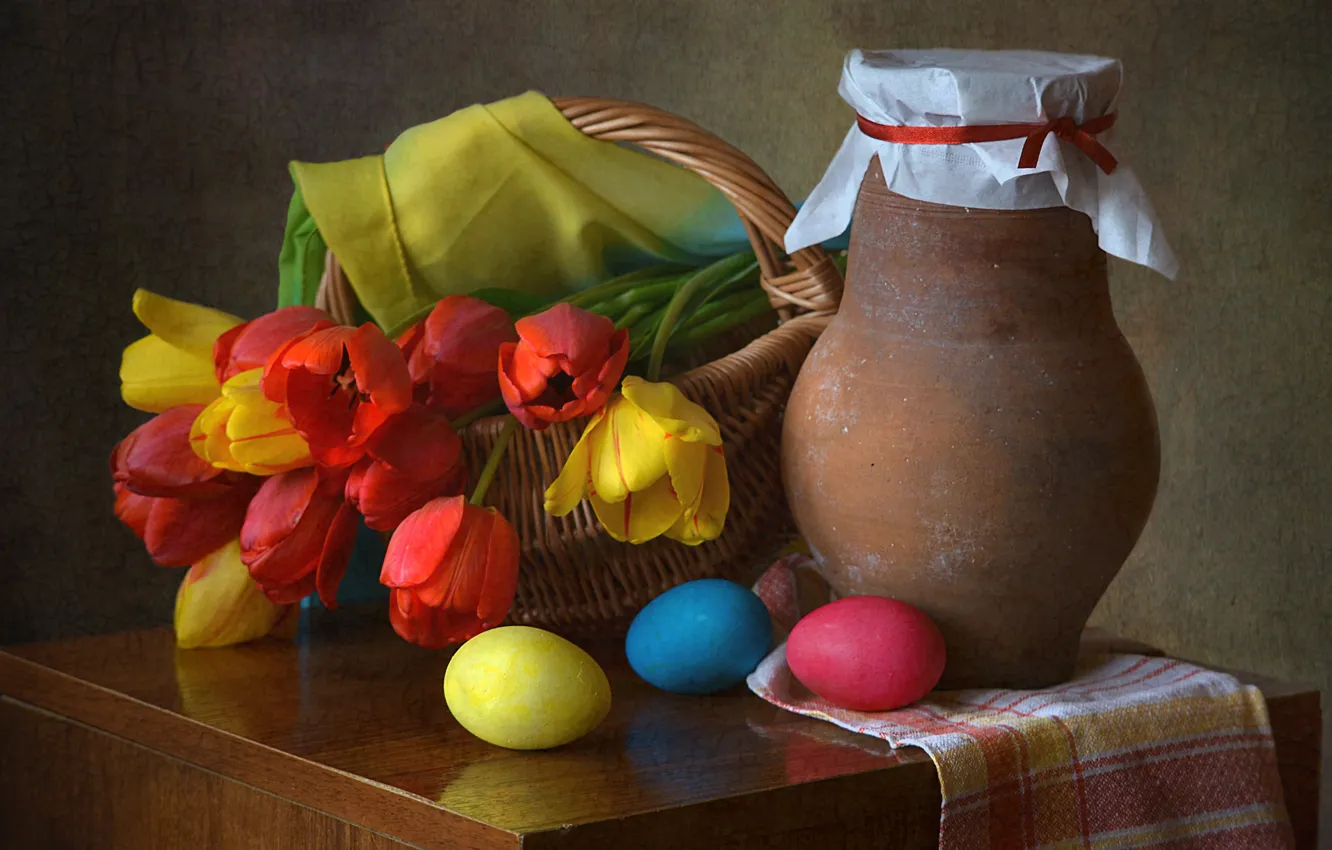 Photo wallpaper flowers, basket, Easter, tulips, pitcher, still life, eggs dyed, drape