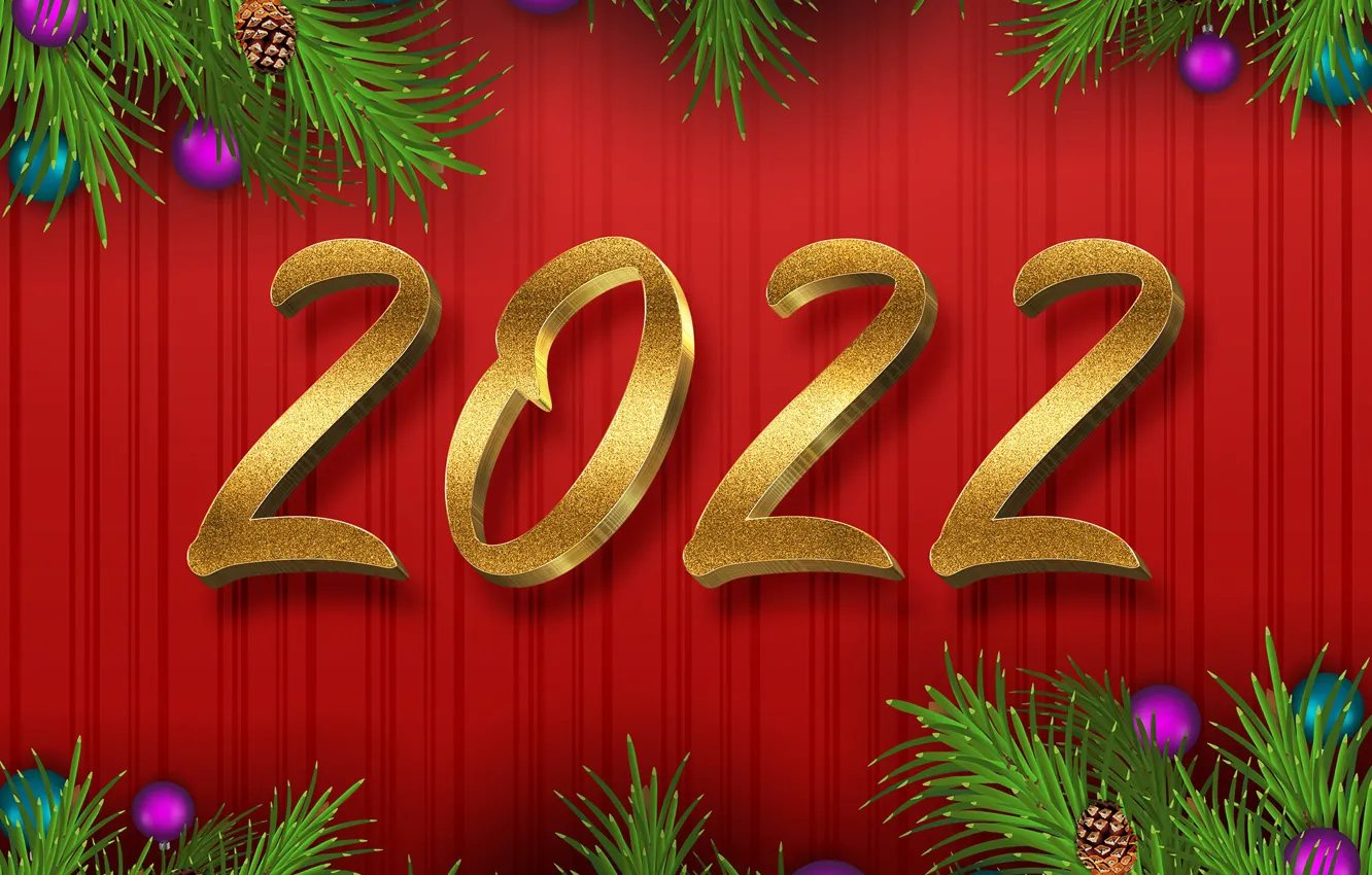 Photo wallpaper red, background, balls, figures, New year, decoration, new year, decor, 2022