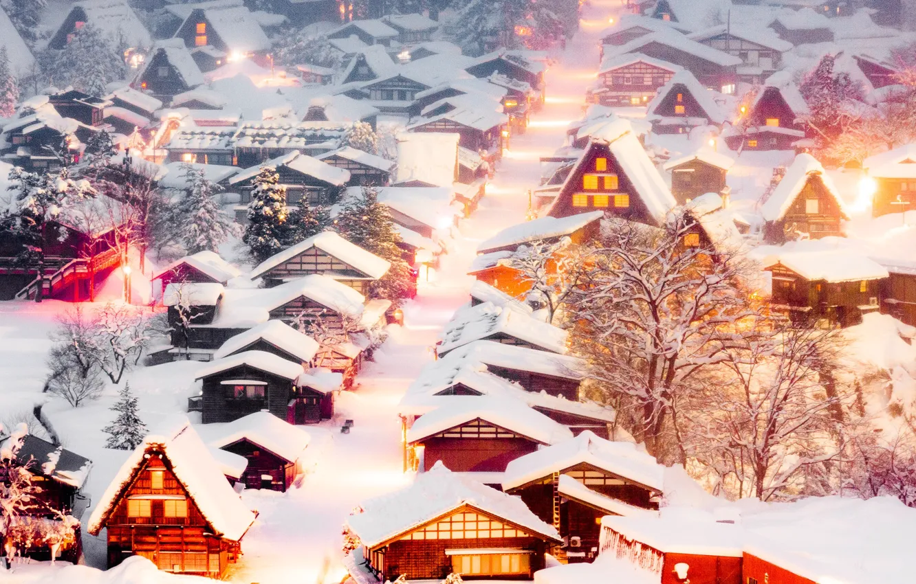Photo wallpaper winter, snow, home, Japan, village, houses, Japan, Shirakawa-go, Shirakawa-go Village