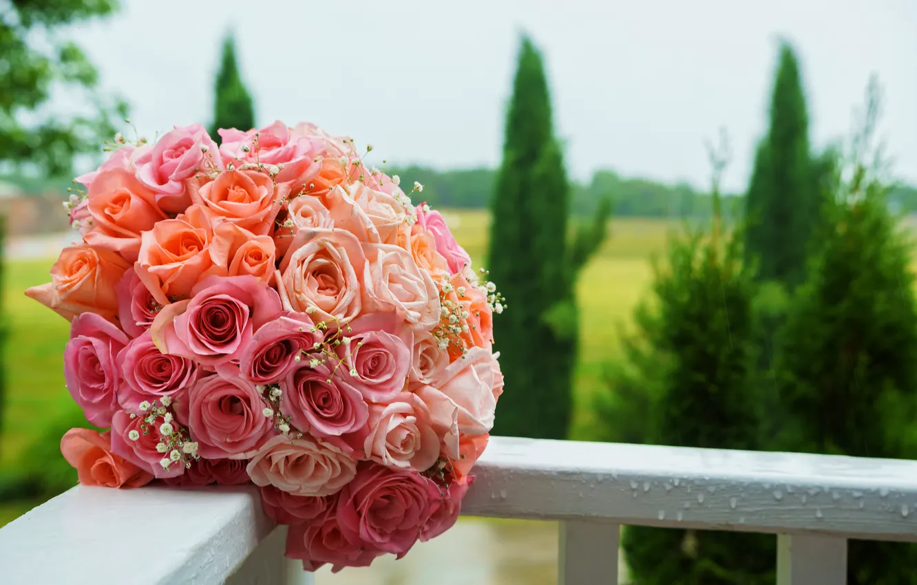 Photo wallpaper roses, pink, wedding bouquet, bouquet, roses, wedding