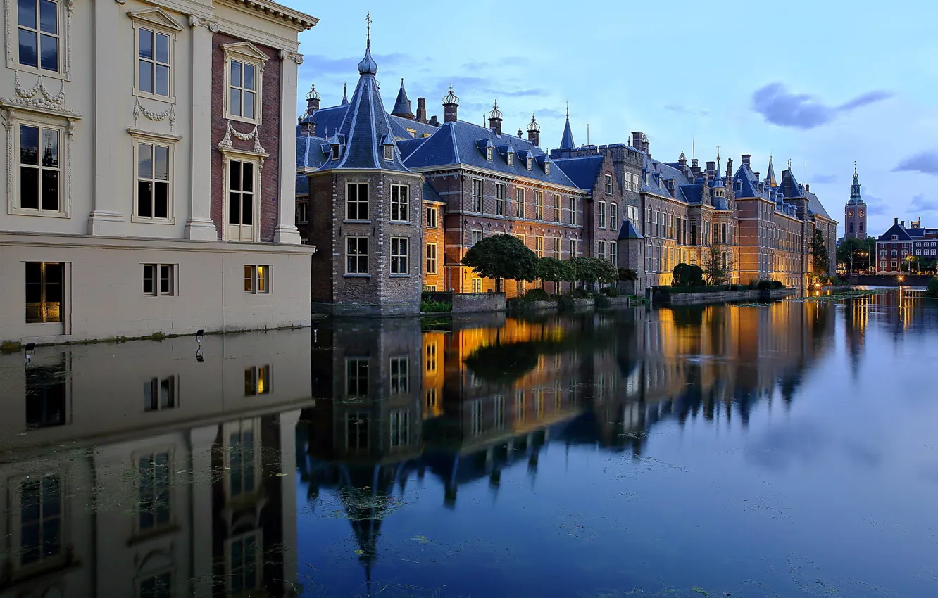 Photo wallpaper lake, pond, reflection, building, home, Netherlands, Netherlands, The Hague, The Hague, Binnenhof, Binnenhof, Hofvijver