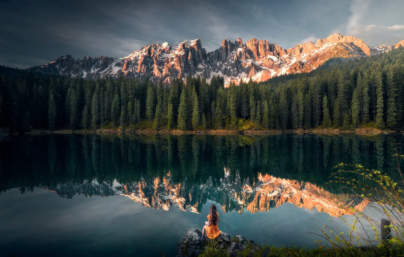 Photo wallpaper girl, landscape, mountains, nature, lake, reflection, stones, Italy, forest, Bank, The Dolomites