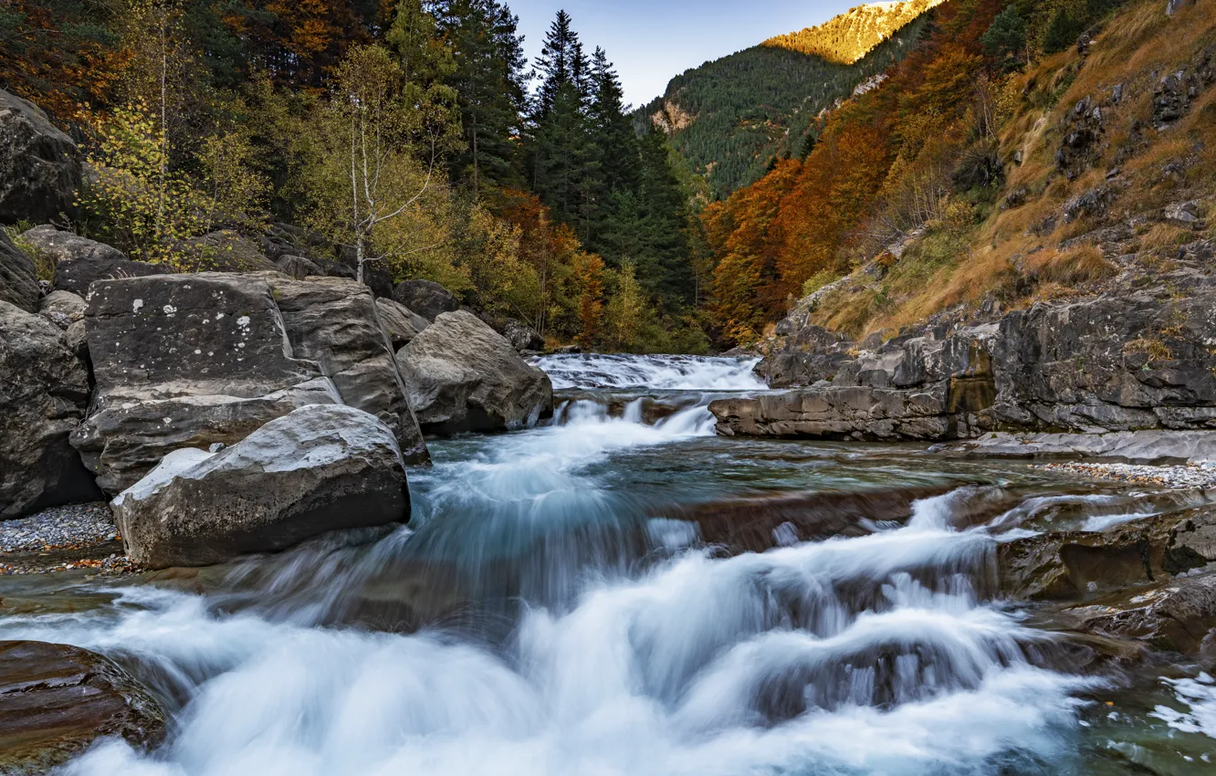 Photo wallpaper autumn, trees, landscape, mountains, nature, river, stones, The Pyrenees