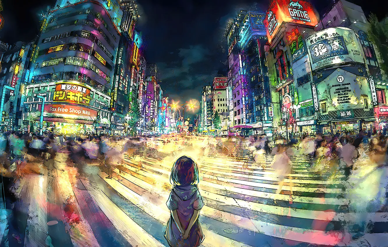 Photo wallpaper movement, people, home, Tokyo, crossroads, girl, characters, girl, night city, people, houses, traffic, tokyo, night …