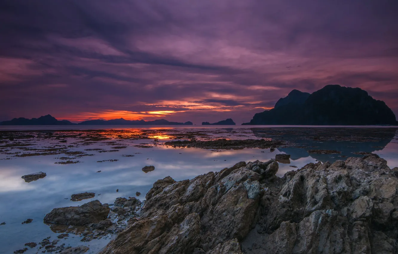 Photo wallpaper sea, the sky, sunset, clouds, stones, rocks, shore, dal, the evening, Bay, twilight, pond, rocky