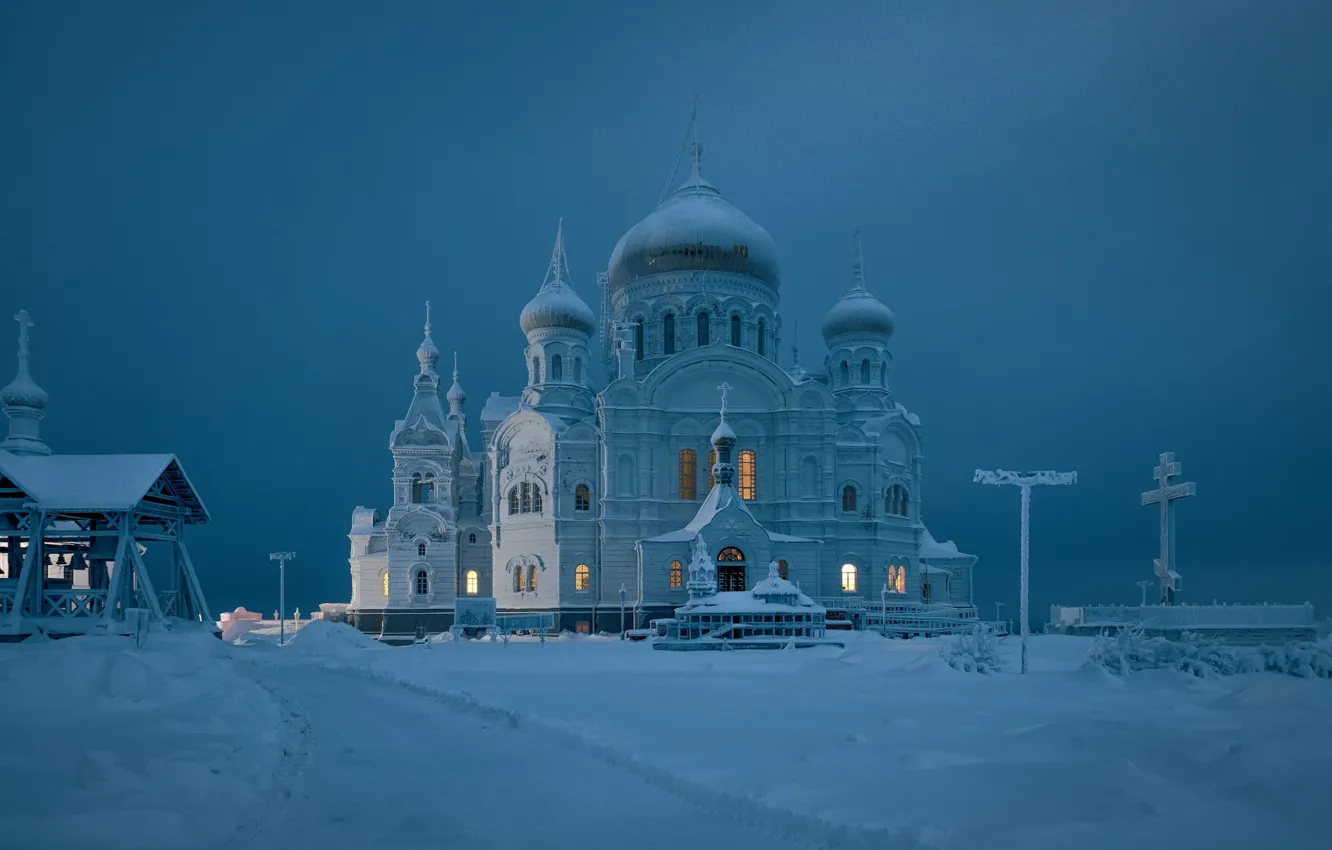 Photo wallpaper winter, snow, cross, temple, Russia, dome, Perm Krai, White mountain, Belogorsky Nicholas monastery, Holy cross …