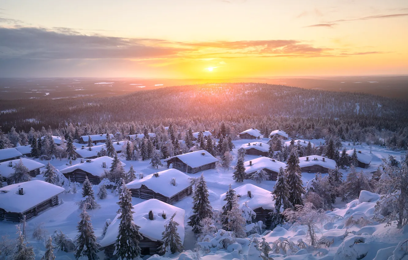 Photo wallpaper winter, snow, landscape, nature, home, morning, village, forest, Lapland, The Arctic, Andrey Bazanov
