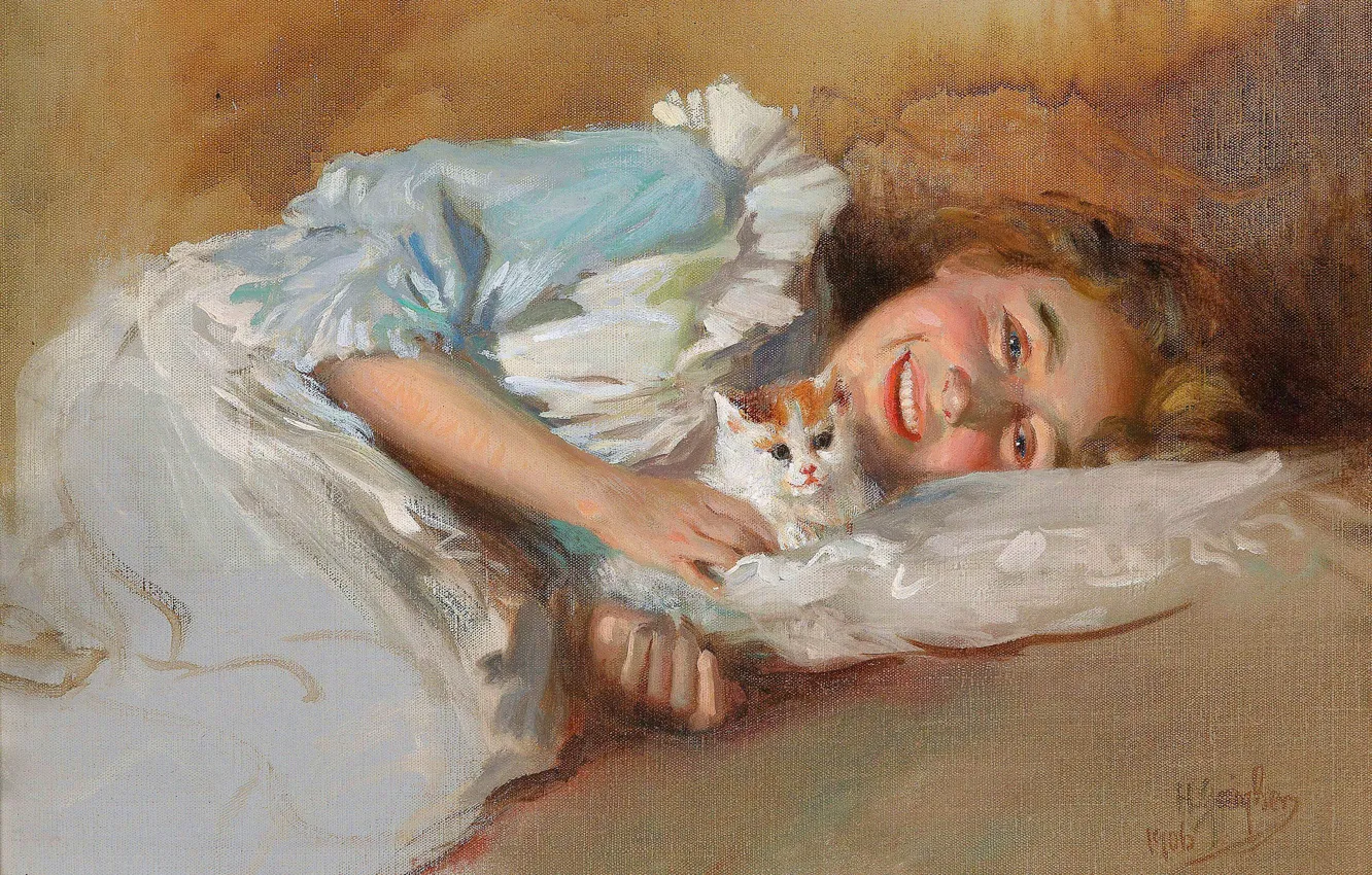 Photo wallpaper Girl, Smile, Picture, Kitty, Horatio Geiger, Horazio Gaigher, Girl with a kitten, Austrian-Italian artist