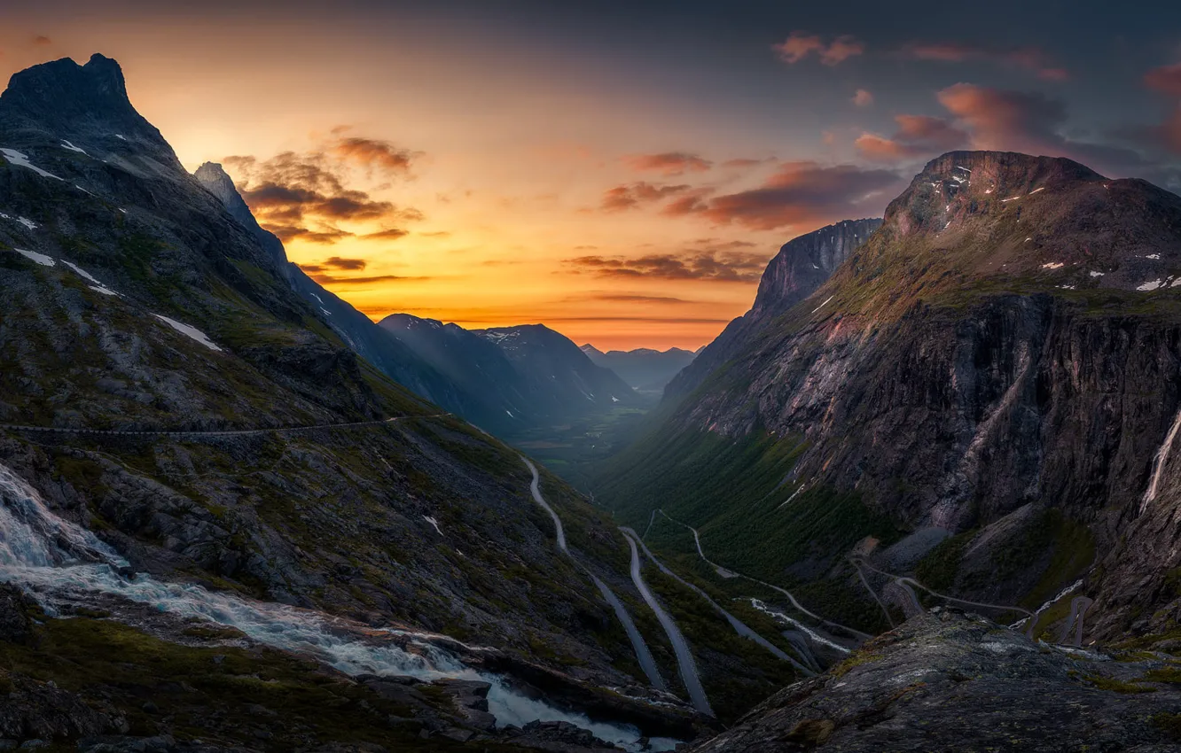 Photo wallpaper road, the sky, water, snow, trees, sunset, mountains, rocks, Norway, Norway, Trollstigen, Romsdalen