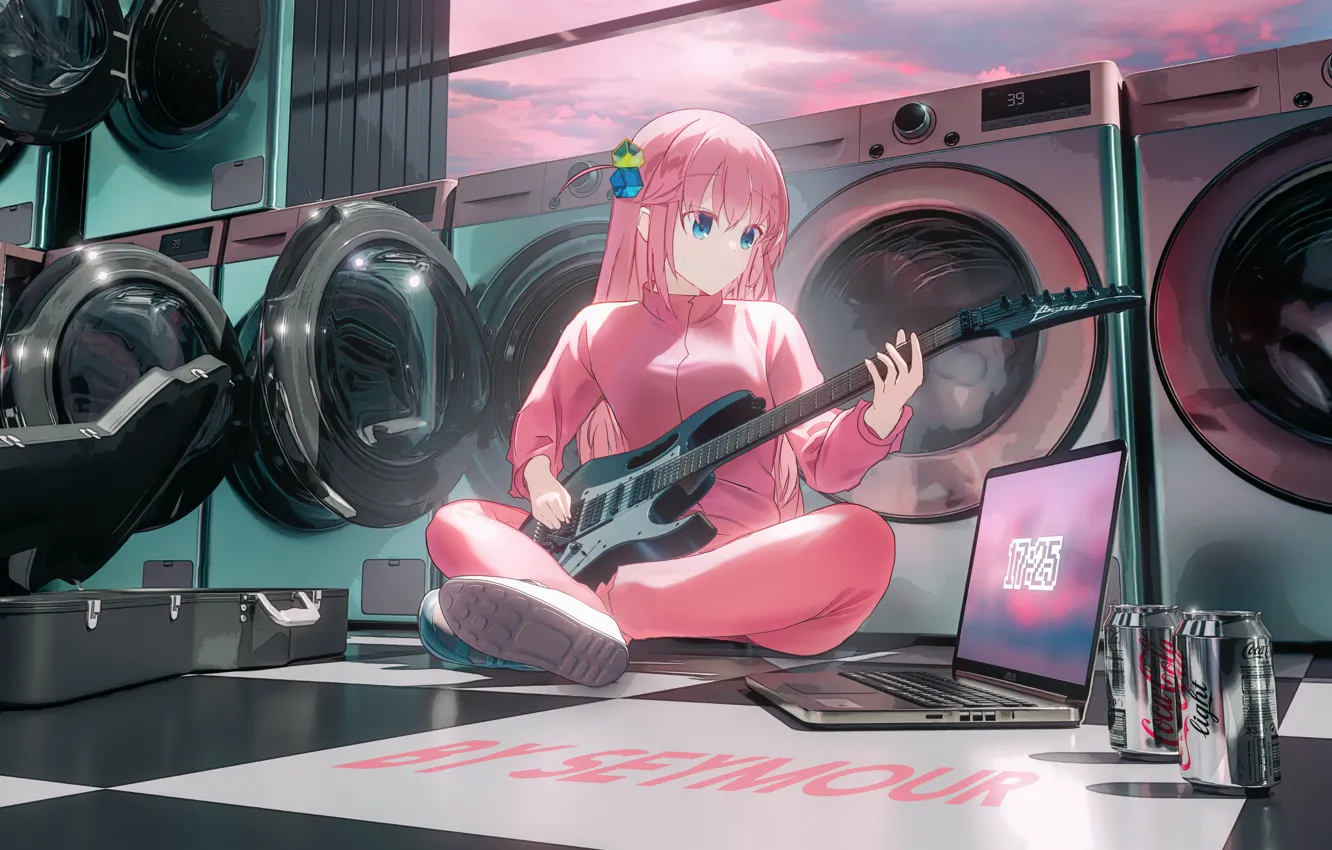 Wallpaper music, guitar, anime, laptop, banks, cute girl, washing machine,  sitting on the floor, Seymour images for desktop, section сёнэн - download