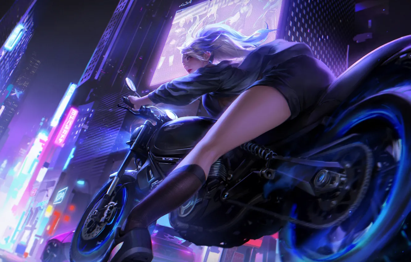 Wallpaper Girl, The city, The game, Look, Girl, Building, Bike, Motorcycle,  City, Art, Art, Beauty, Game, Beautiful, Akali, League of Legends images  for desktop, section арт - download