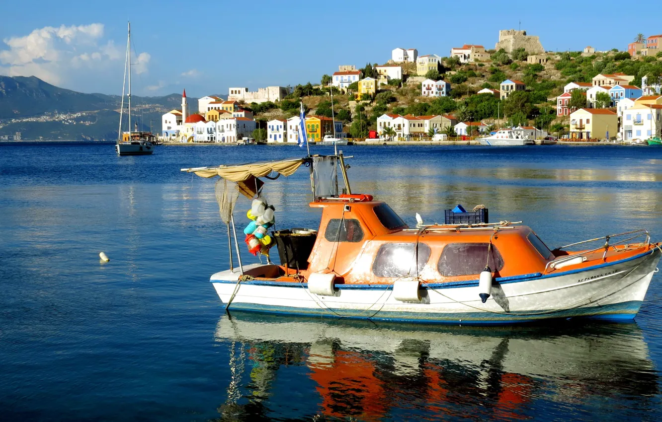 Photo wallpaper sea, landscape, mountains, nature, island, home, boats, Greece, boats, Kastelorizo