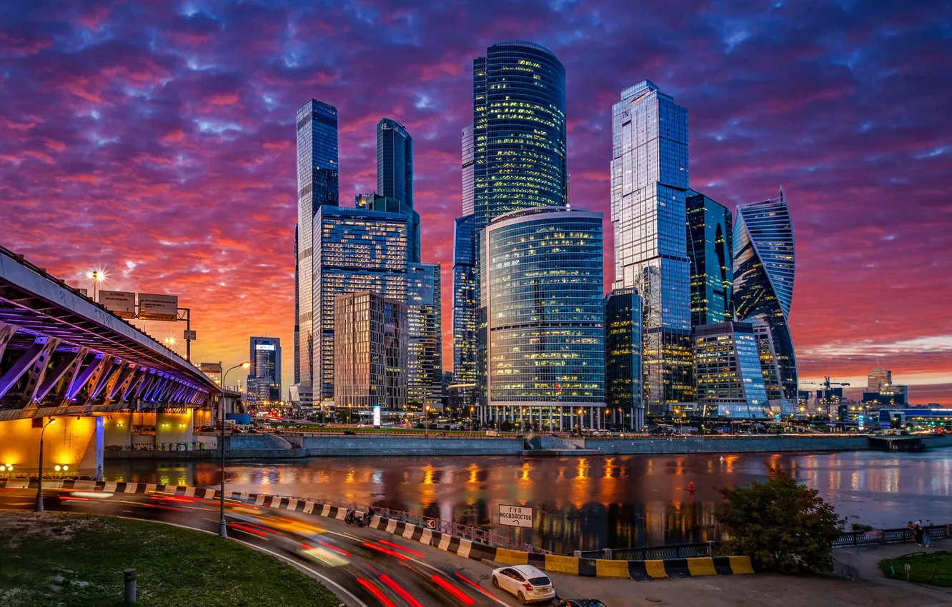 Photo wallpaper road, bridge, river, building, Moscow, Russia, night city, skyscrapers, Moscow-City, The Moscow river, Sergey Simonyan
