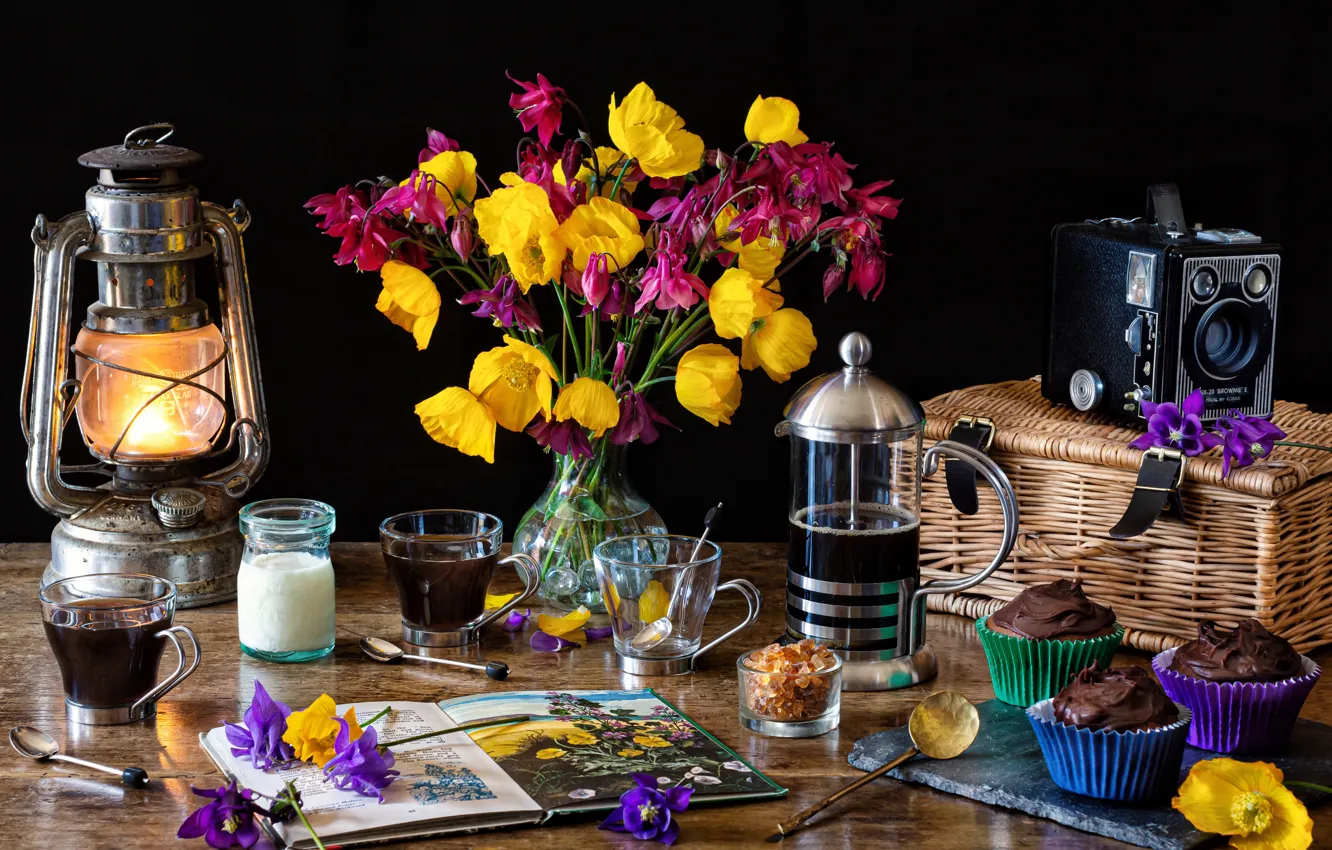 Photo wallpaper flowers, style, bouquet, the camera, lantern, book, mugs, still life, cupcakes, coffee pot