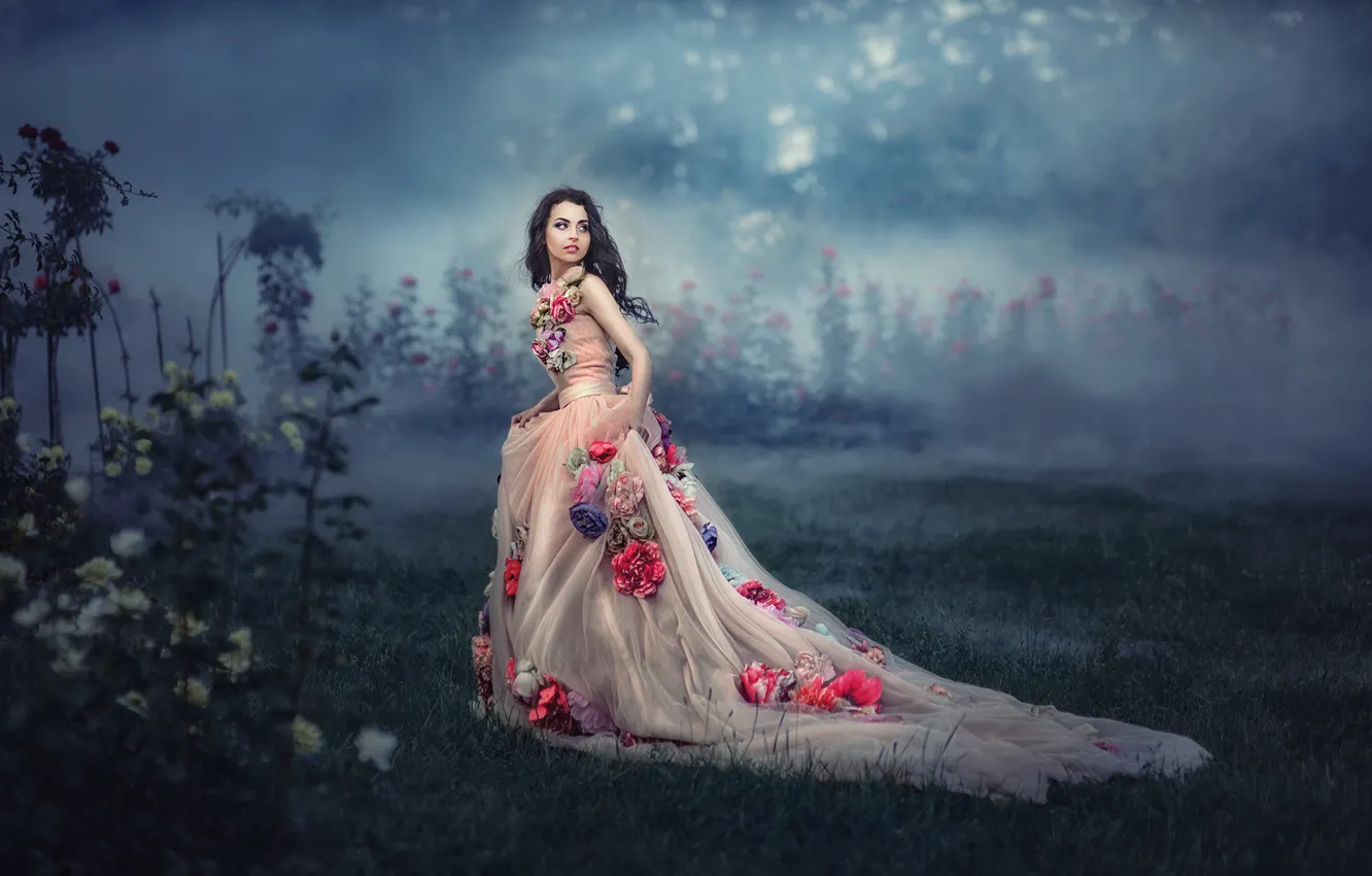 Photo wallpaper girl, flowers, fog, dress, by Tatyana Nevmerzhitskaya, Pauline Knorr