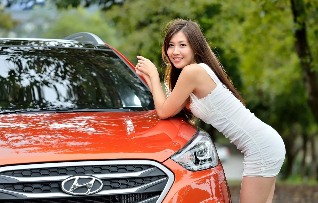 Wallpaper auto, look, smile, Girls, Asian, Hyundai, beautiful girl, posing  on the car images for desktop, section девушки - download