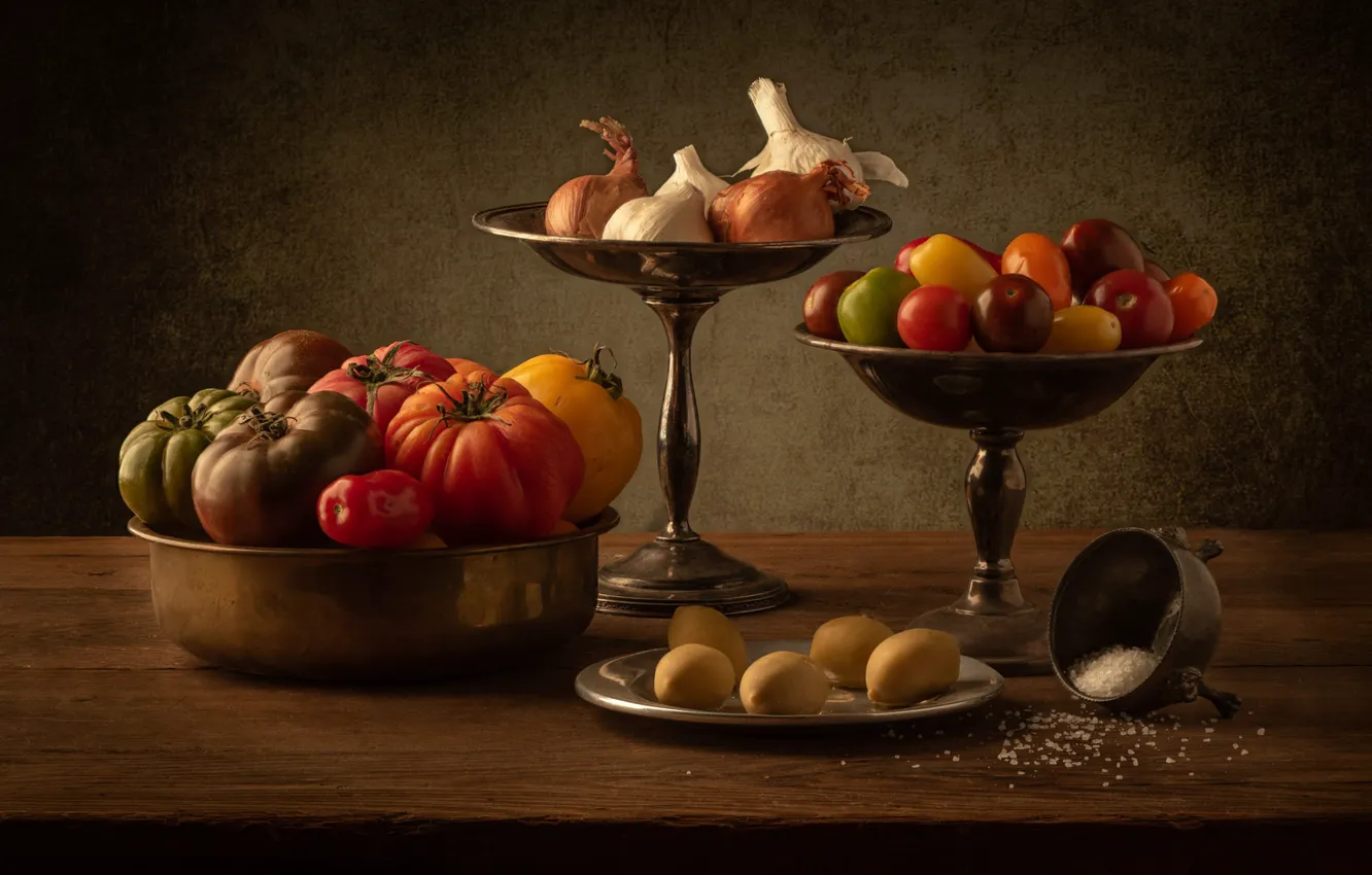 Photo wallpaper metal, the dark background, table, harvest, bow, dishes, still life, vegetables, tomatoes, items, a lot, …