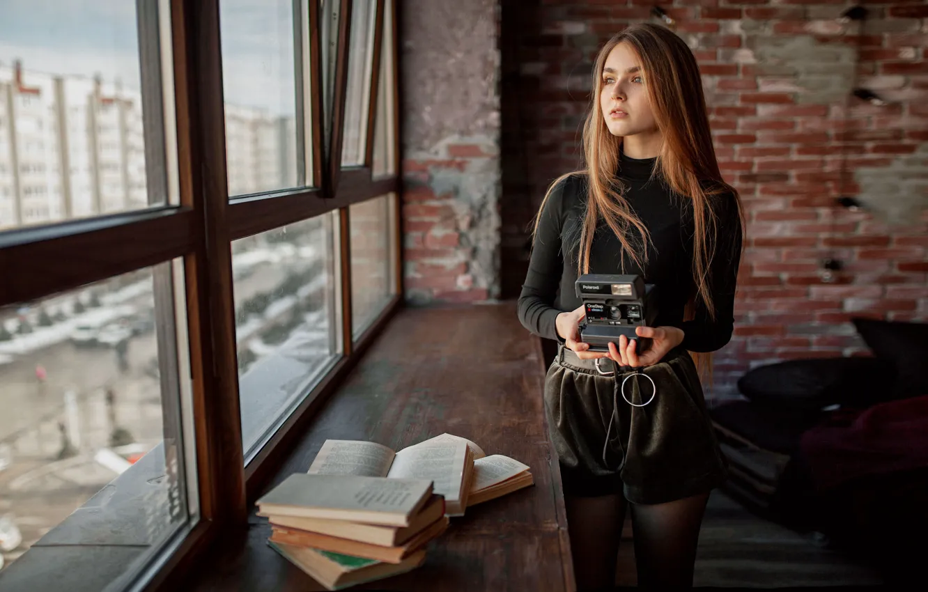 Photo wallpaper look, girl, books, window, the camera, Polaroid, Alexey Yuriev